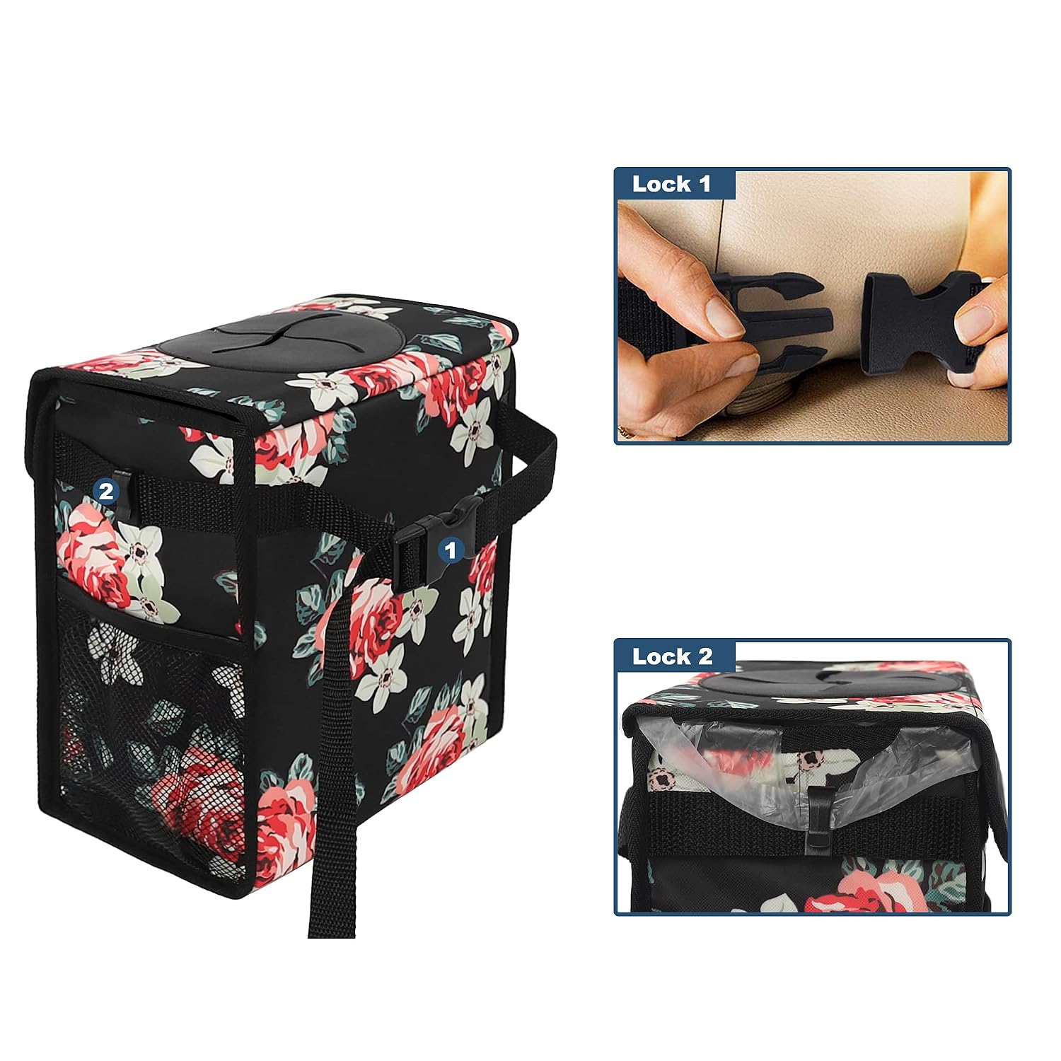 Car Trash Can Leakproof Car Garbage Can Hanging with Lid Storage Mesh Pockets Collapsible Multipurpose Car Trash Bag for Car Accessories (Flower)