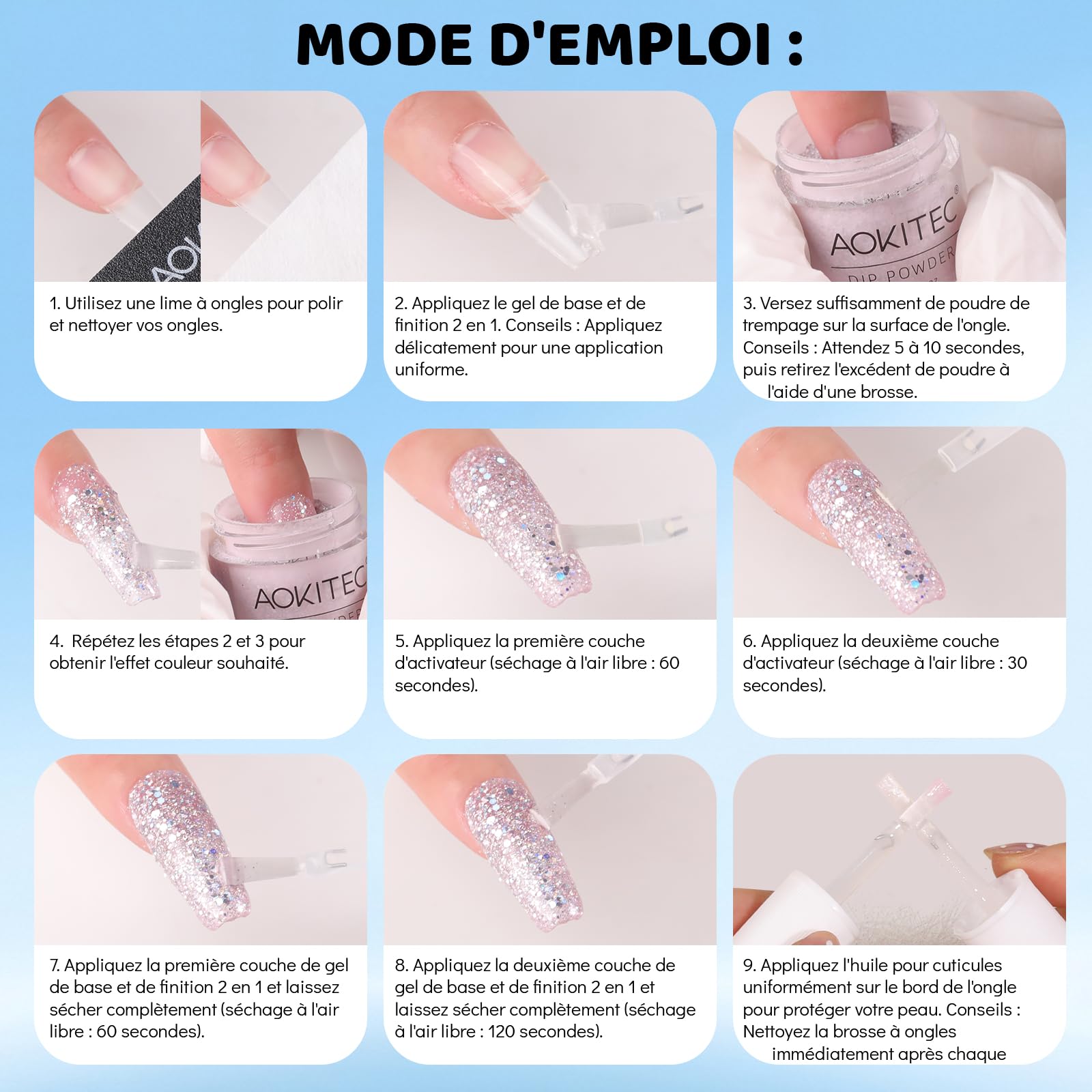 Aokitec Kit de poudre de trempage pour ongles – Poudre à ongles bleue et scintillante avec liquide de trempage pour ongles, kit d'ongles en acrylique pour nail art, facile à transporter et à utiliser