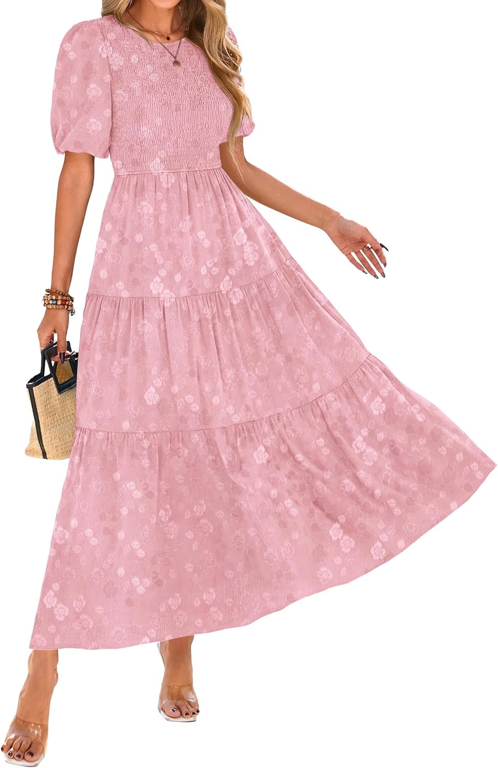 KIRUNDO Womens Summer Dresses Wedding Guest Floral Midi Sundress Short Puff Sleeve Flowy A Line Smocked Tiered Boho Dress