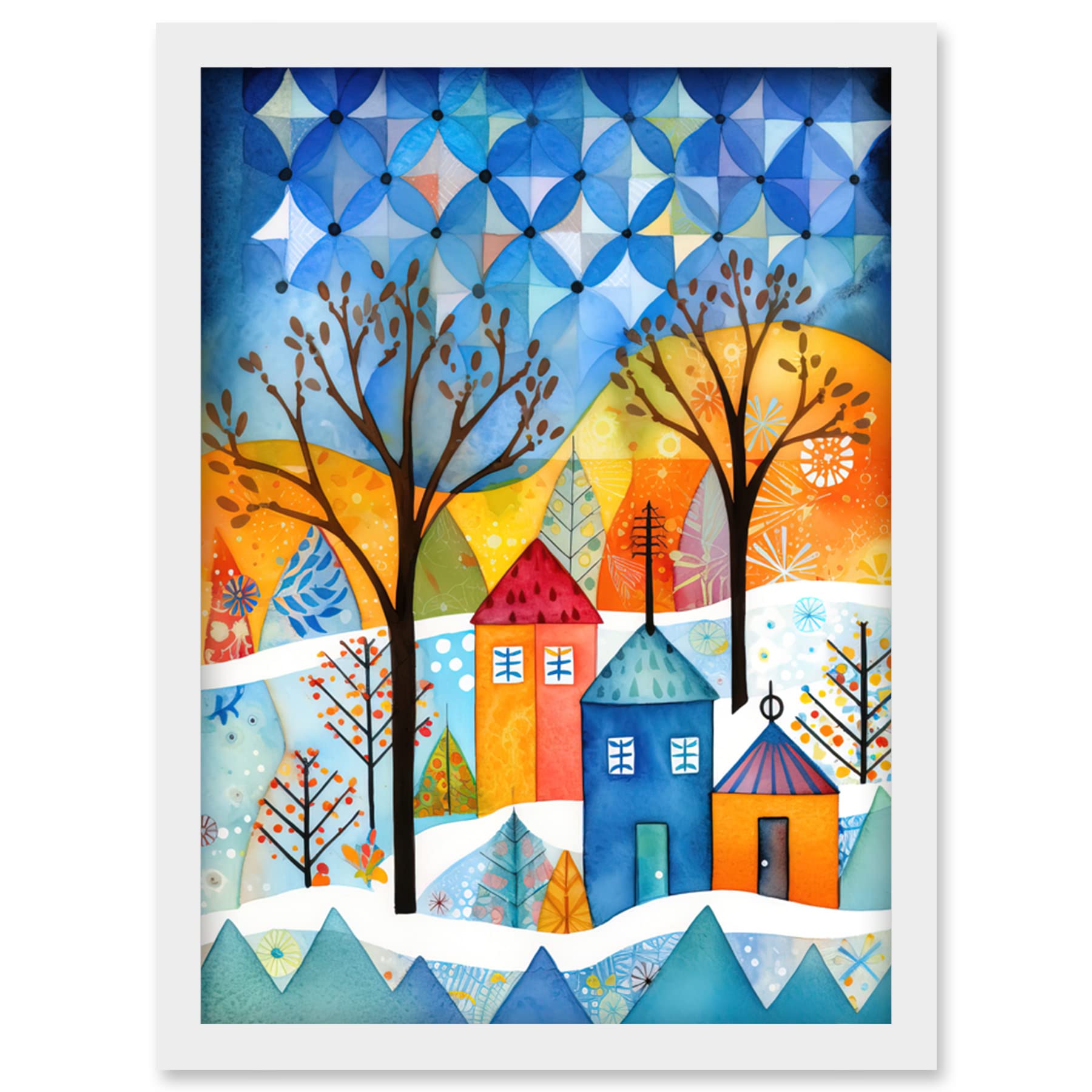 Artery8 Abstract Winter Snowfall Folk Art Artwork Framed Wall Art Print A4