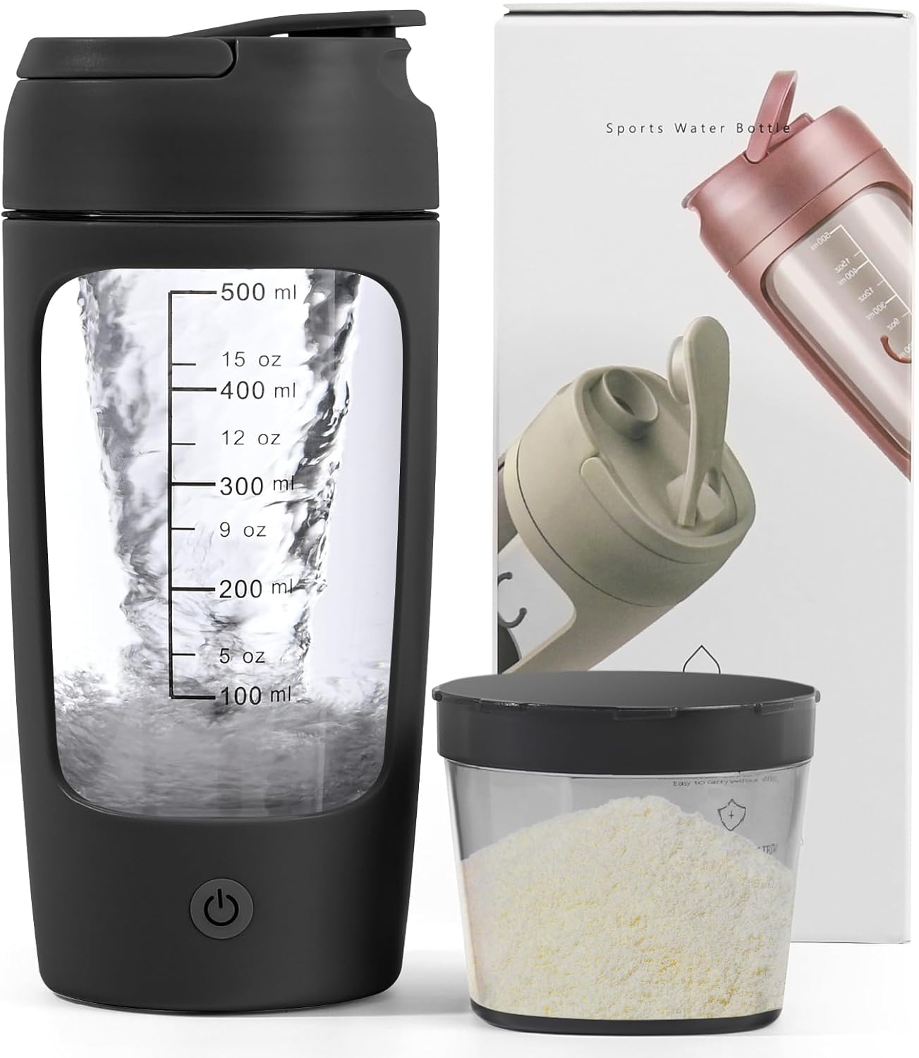 Shaker Électrique 650ml USB Rechargeable avec Boîte à Poudre Intégrée et Poignée Ergonomique pour Fitness (Noir)