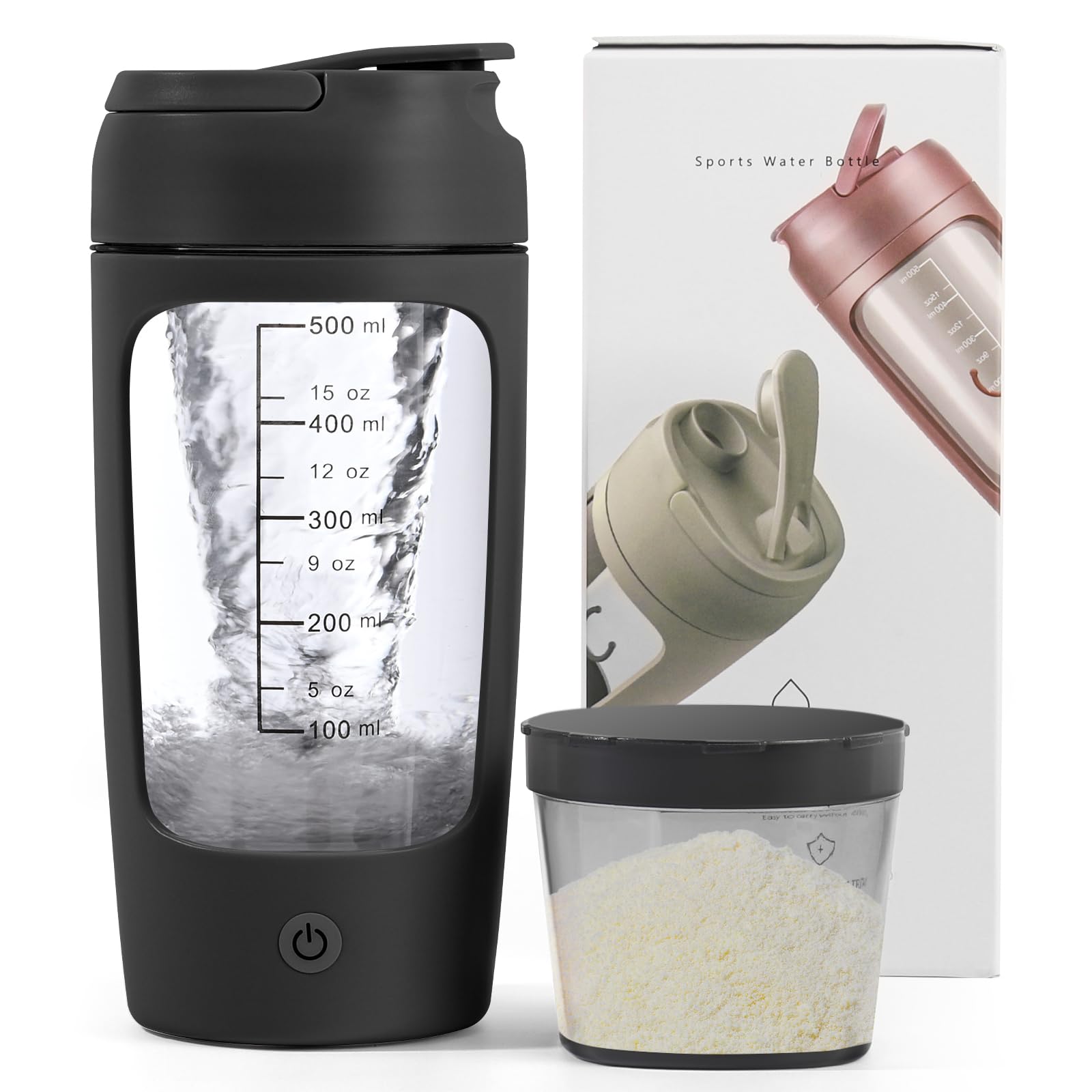 Shaker Électrique 650ml USB Rechargeable avec Boîte à Poudre Intégrée et Poignée Ergonomique pour Fitness (Noir)