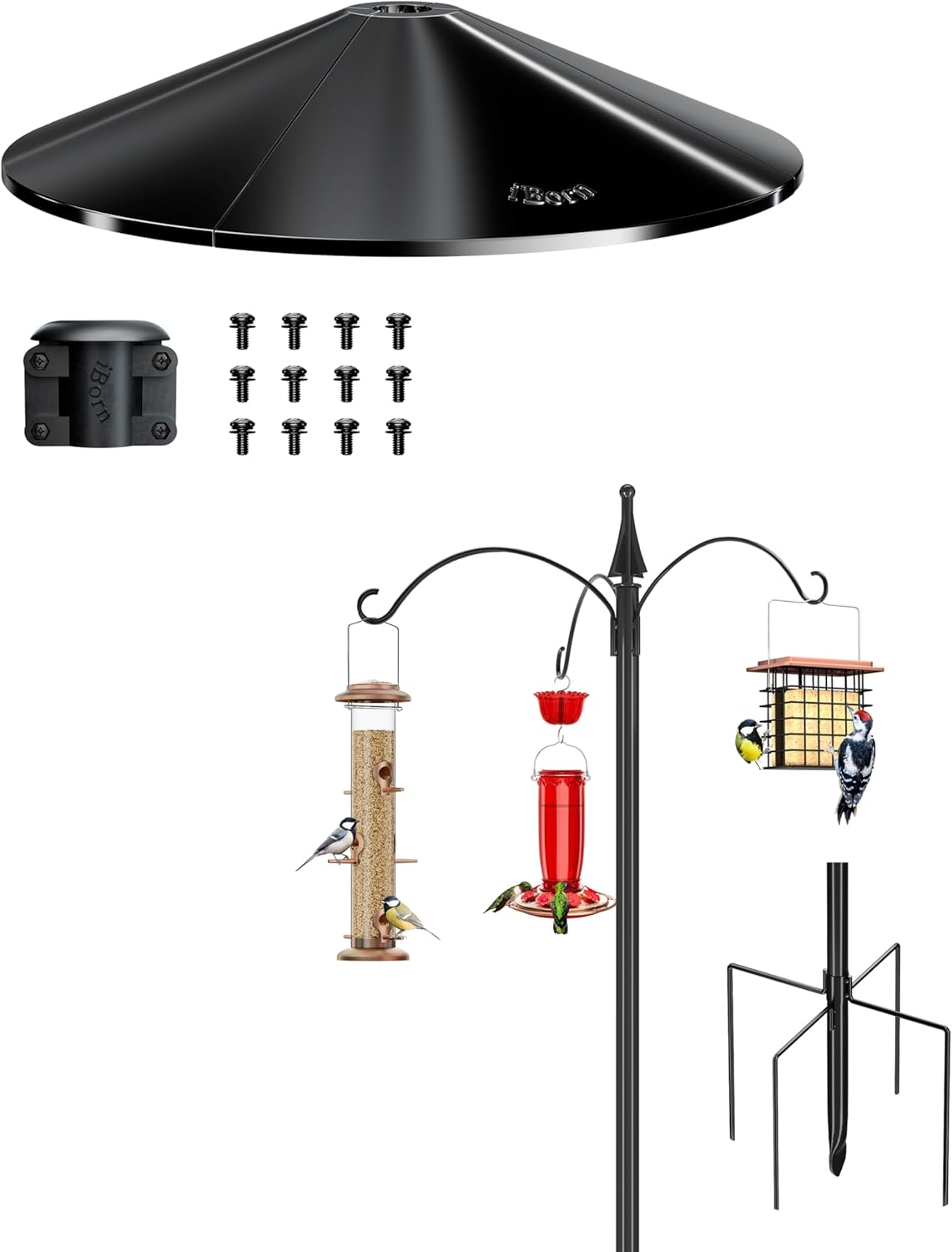 iBorn Squirrel Baffle, 19.5" Oversized Squirrel Defender, Chew-Proof PC, Black+78" Bird Feeder Pole with 3 Hooks, Heavy Duty, Black