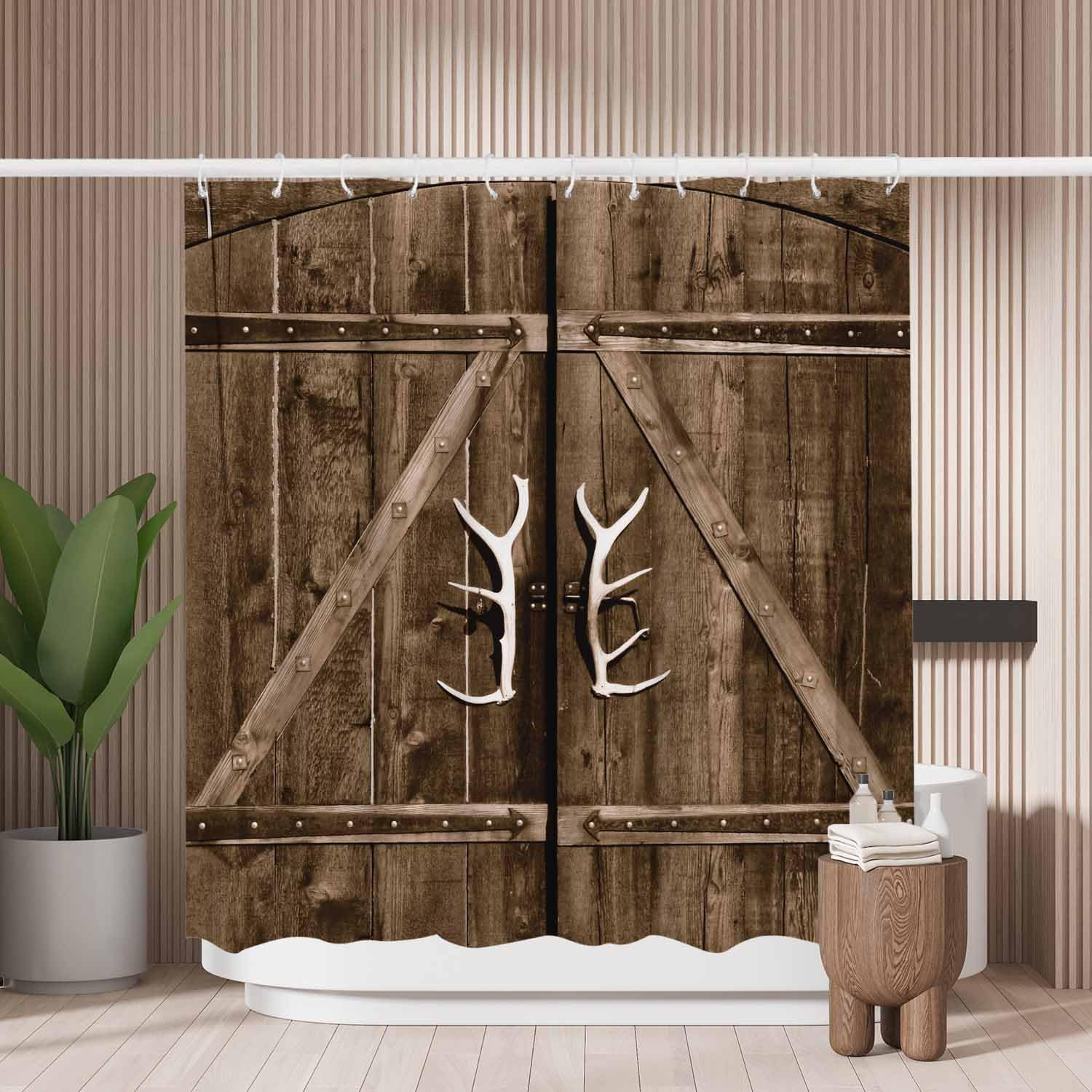 Woutay A261 Shower Curtain Mould Proof Resistant Wooden Gate With Antler Handles,Water Repellant Fabric,Polyester,Size 180X180cm