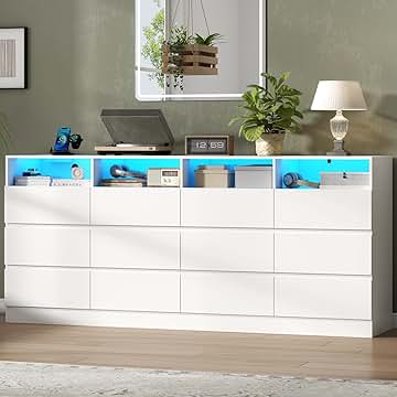 Loomie 12-Cell Divided Drawers White Dresser with Charging Station & Led Lights for Bedroom, Long 63