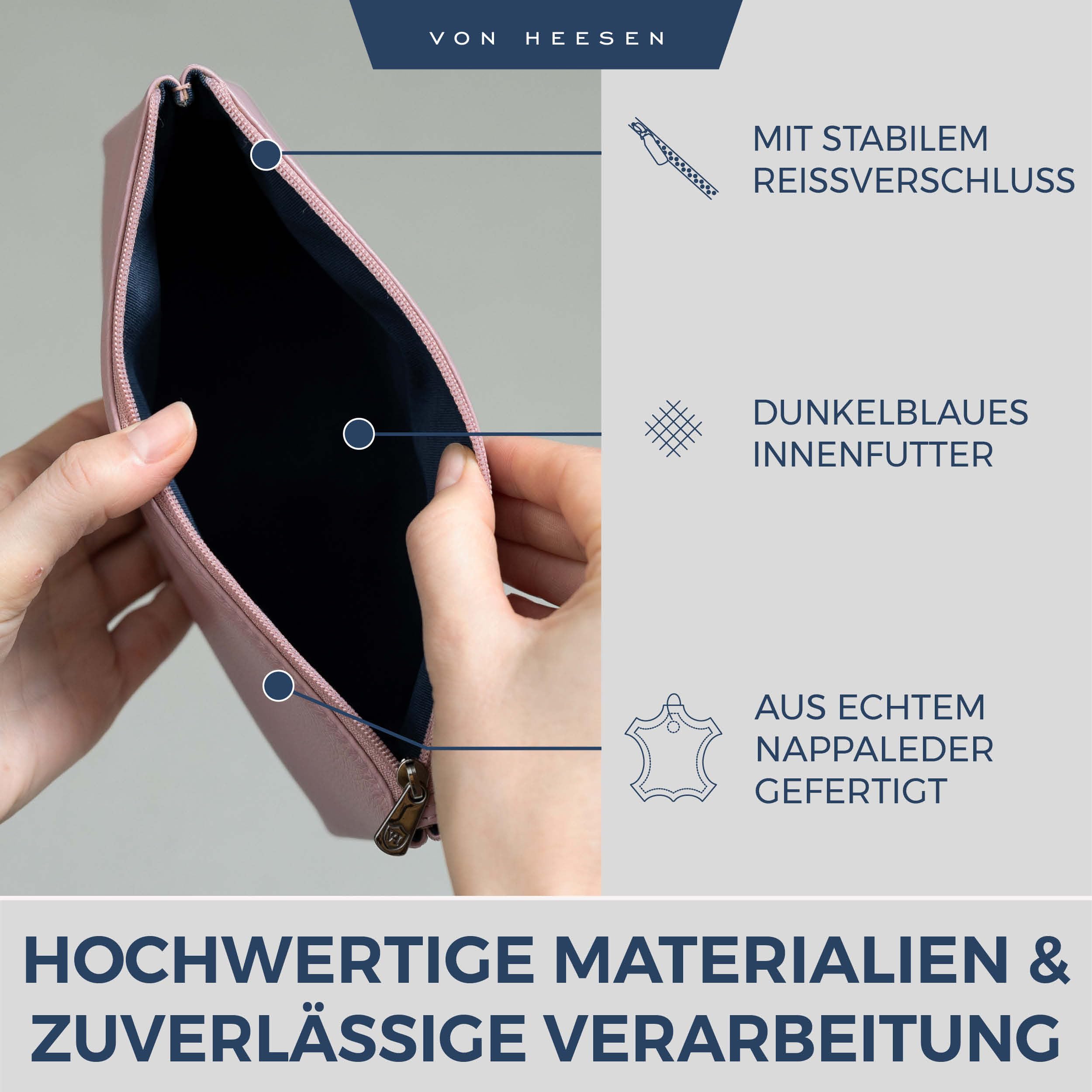 VON HEESEN Echtleder Kosmetiktasche für Damen & Herren - Kulturbeutel aus echtem Leder - Kulturtasche und Waschtasche für Männer und Frauen in Lavendel