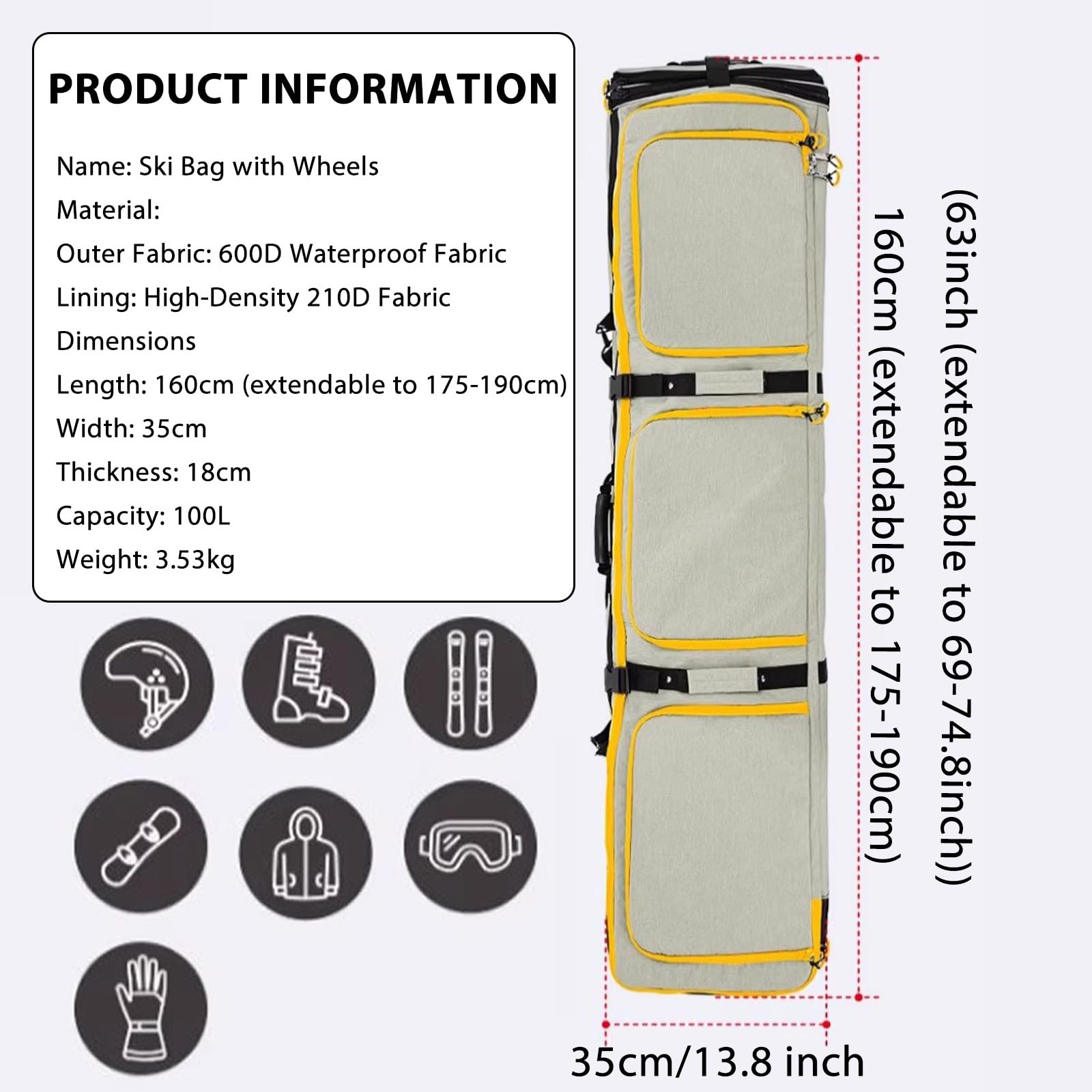 Sac À Skis À roulettes, Sac À Snowboard Rembourré Et Imperméable À roulettes pour Les Voyages en Avion, Convient Aux Skis Et Aux Chaussures, Extensible De 175 À 190 cm