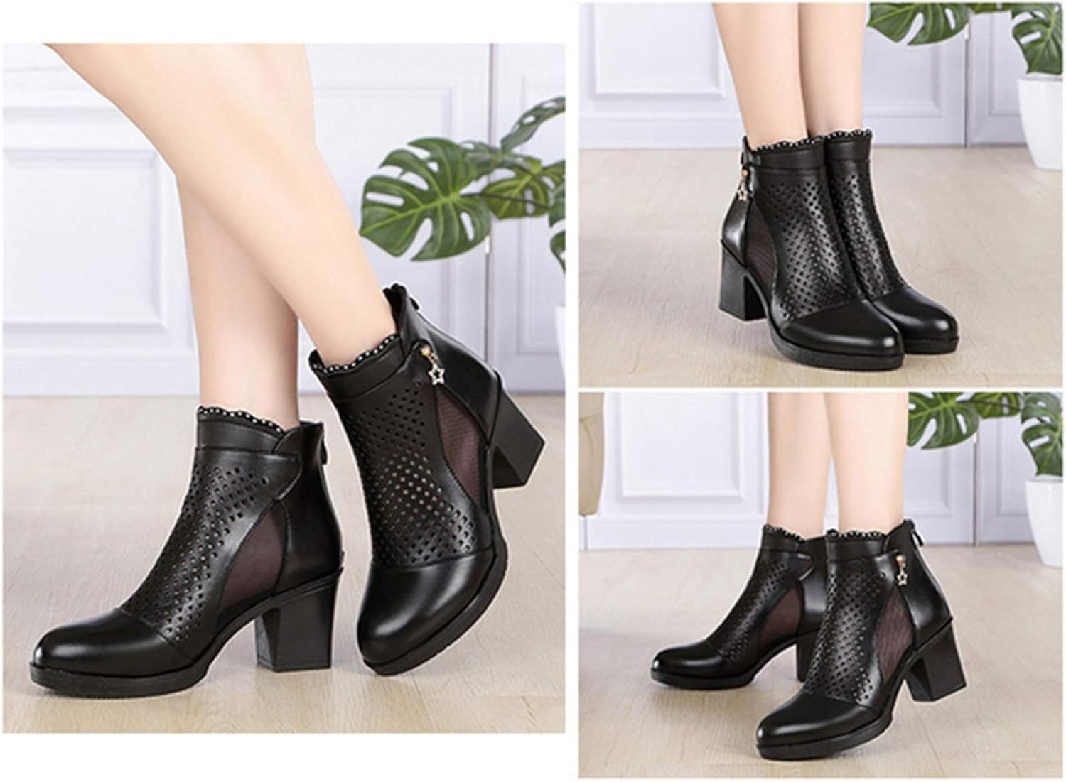 [LJKI] サマーブーツ 本革 レディース ブーツサンダル チャンキーヒール ファッションサンダル オープントゥ バックジッパー