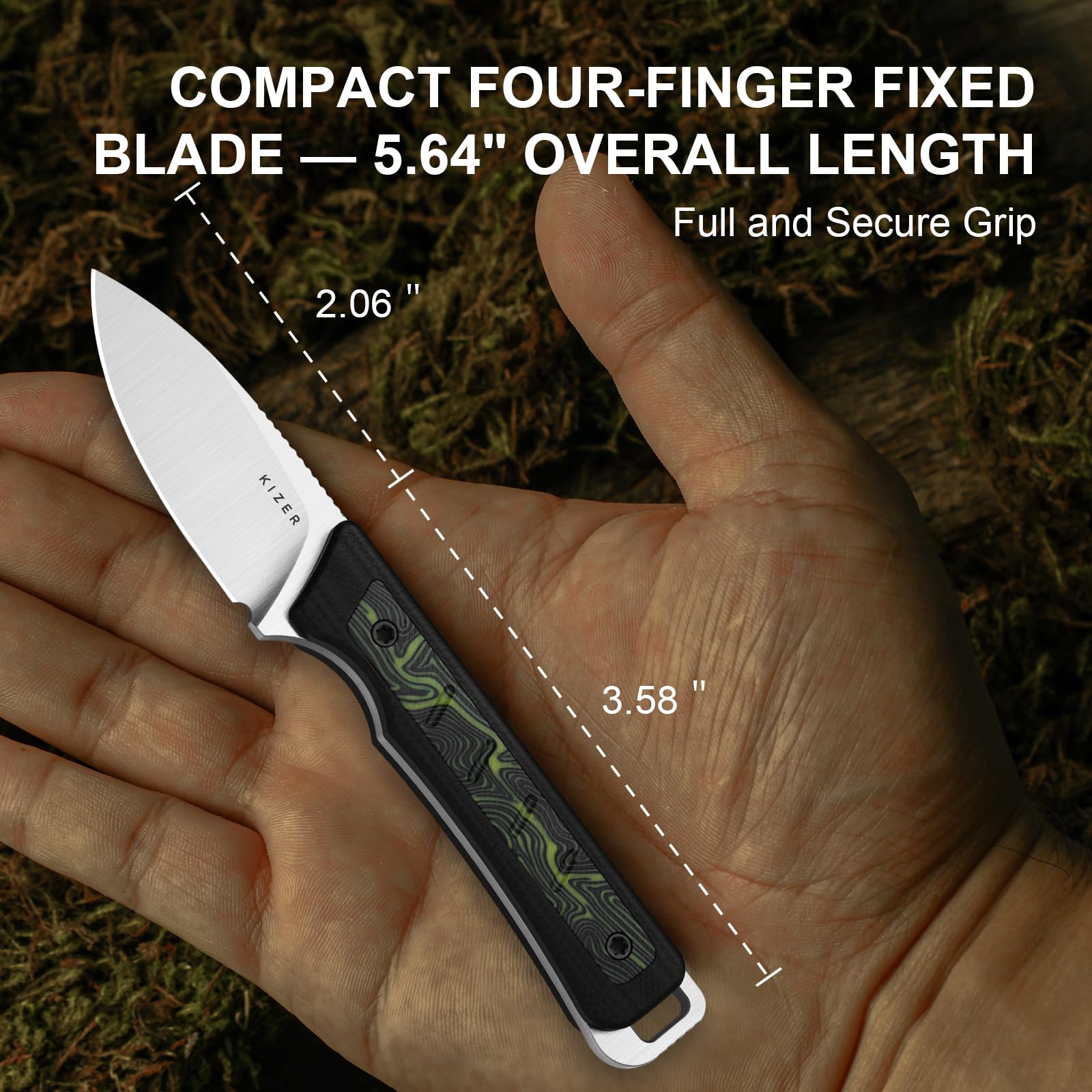 Kizer Whiskey Jack Überlebensmesser mit Kydex Scheide, 5,22 cm Drop-Point AEB-L Klinge Messer mit Schwarzer & Grüner G10- und Damaszener-G10 Griff, EDC Messer für Camping 1108A3