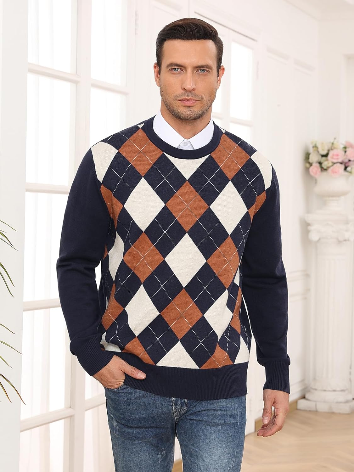 RQP Men's Crewneck Sweater Slim Fit Argyle Pattern Long Sleeve Knit Pullover Sweater for Casual Or Dressy Wear - Image 3