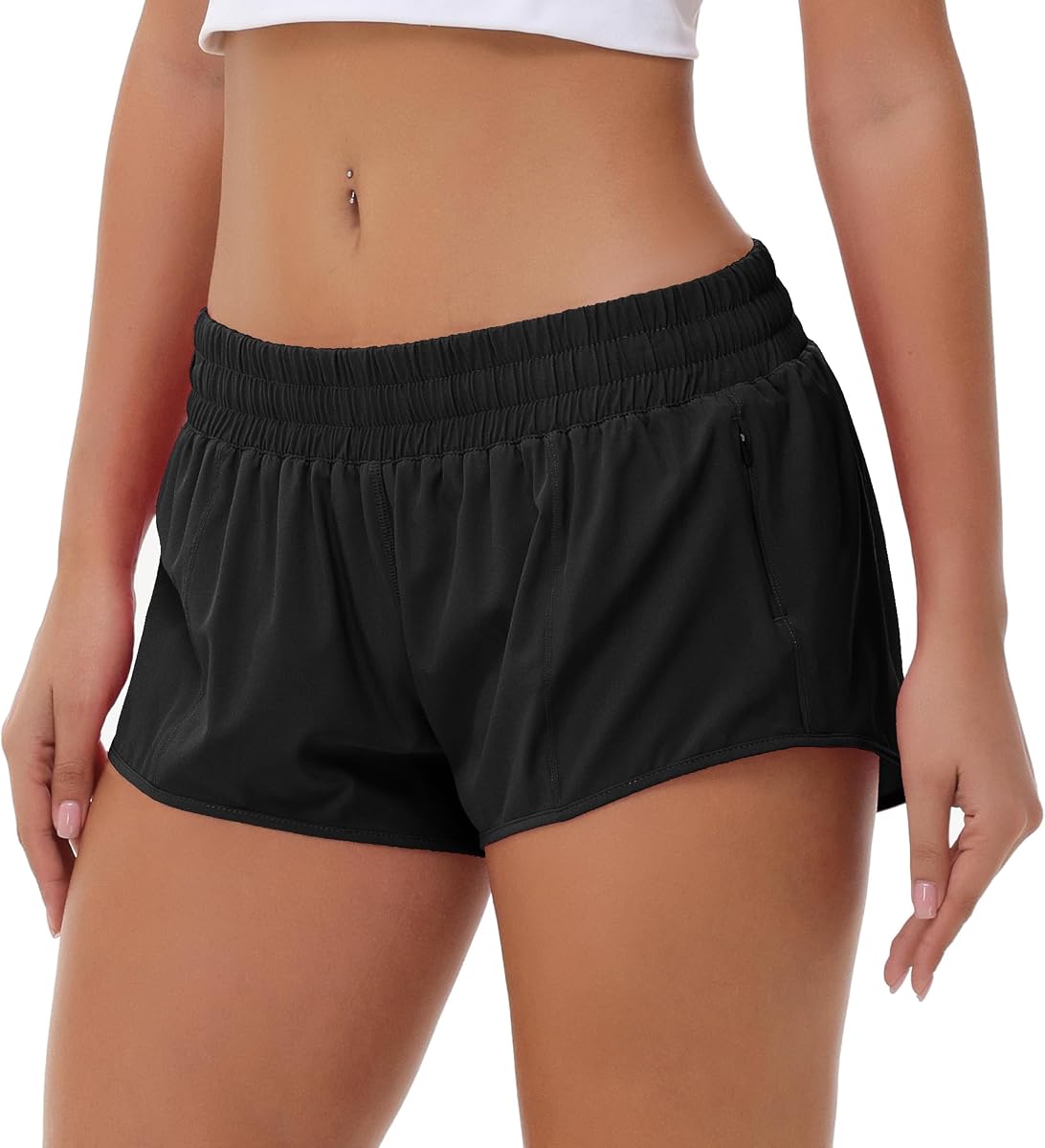 Aurefin Pantalones cortos deportivos ligeros para mujer, pantalones cortos para correr de secado rápido con bolsillo con cremallera y forro, pantalones cortos de entrenamiento para gimnasio para mujer