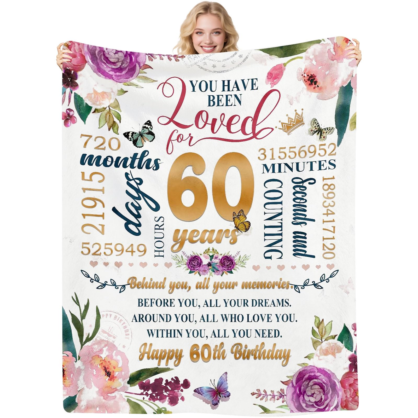 60th Birthday Gifts for Women, 50" x 60" Flannel Throw Blanket, 60 Year Old Present for Her, 1965 Gift for Her, Happy 60th Birthday Gift Ideas for Ladies, Mom, Grandma, Wife, Sister, Friends