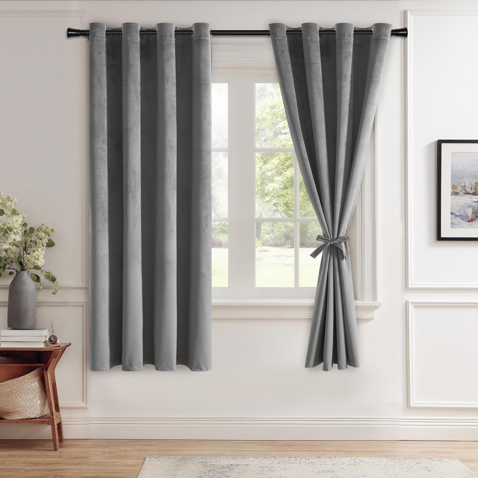 JIUZHEN Grey Velvet Curtains 63 inch - 2 Panels of Soft and Smooth Luxury Velvet Curtains Room Darkening Heat Blocking Grommet Curtain Panels for Kitchen/Short Window, W52 x L63