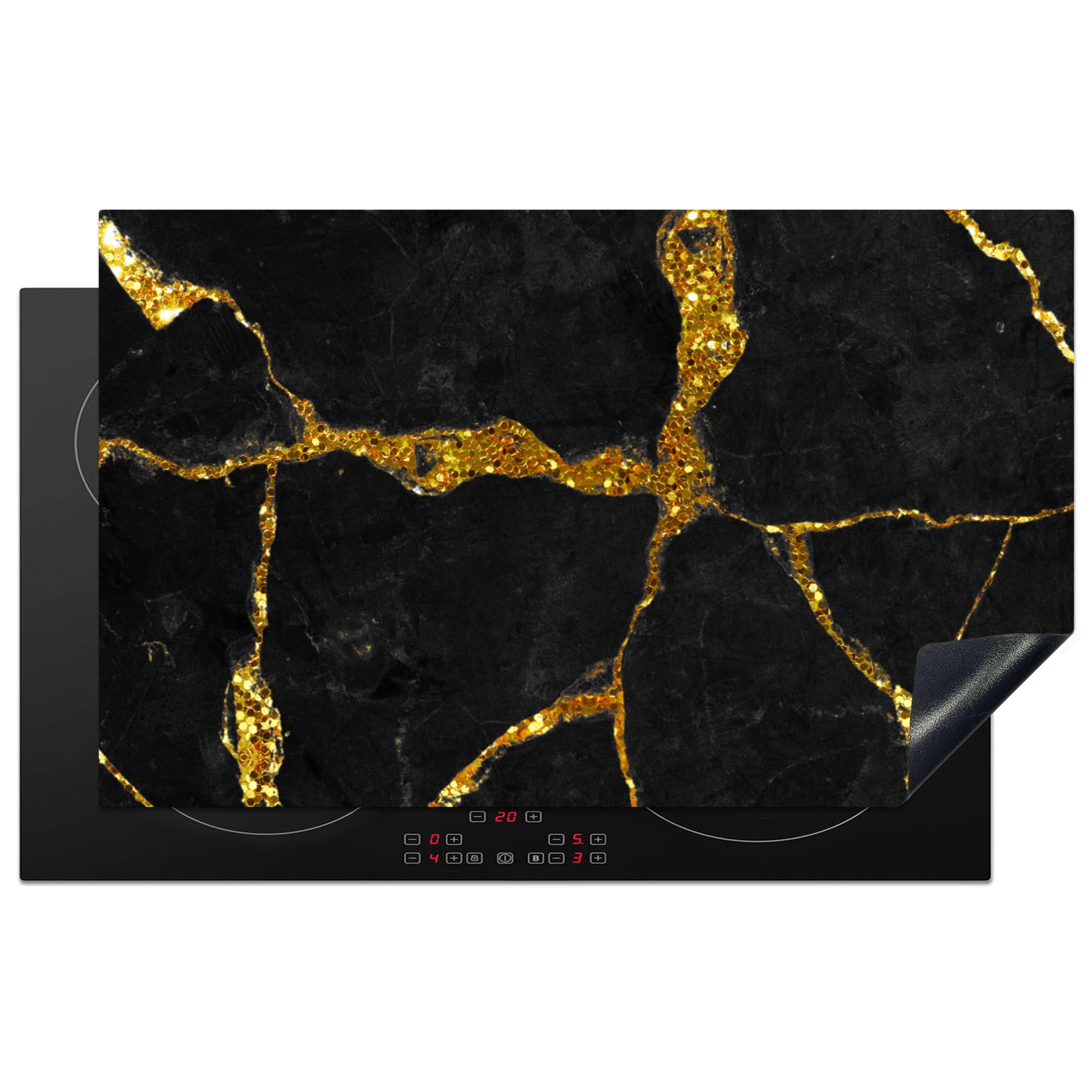 KitchenYeah© Induction Hob Cover Protector Mat 20.5"x33.5" / 85x52 cm Kitchen Universal Ceramic Covers for Electric Cookers Vinyl Marble - Gold - Black - Marble Look - Glitter — image 1