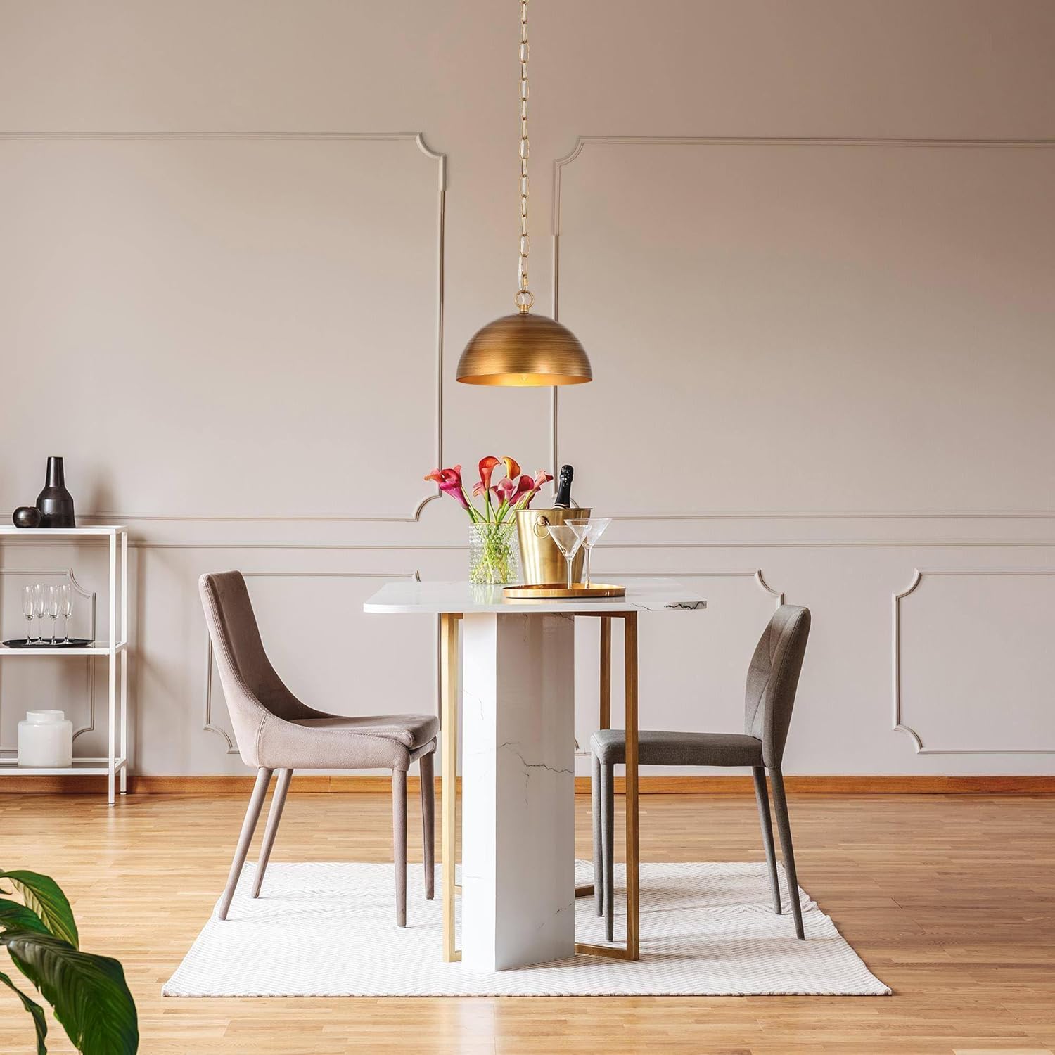 LALUZ 10" Large Dome Pendant Light, Antique Brushed Gold Pendant Lights Kitchen Island Modern Metal Adjustable Hanging Light Fixtures for Dining Room Bedroom Hallway
