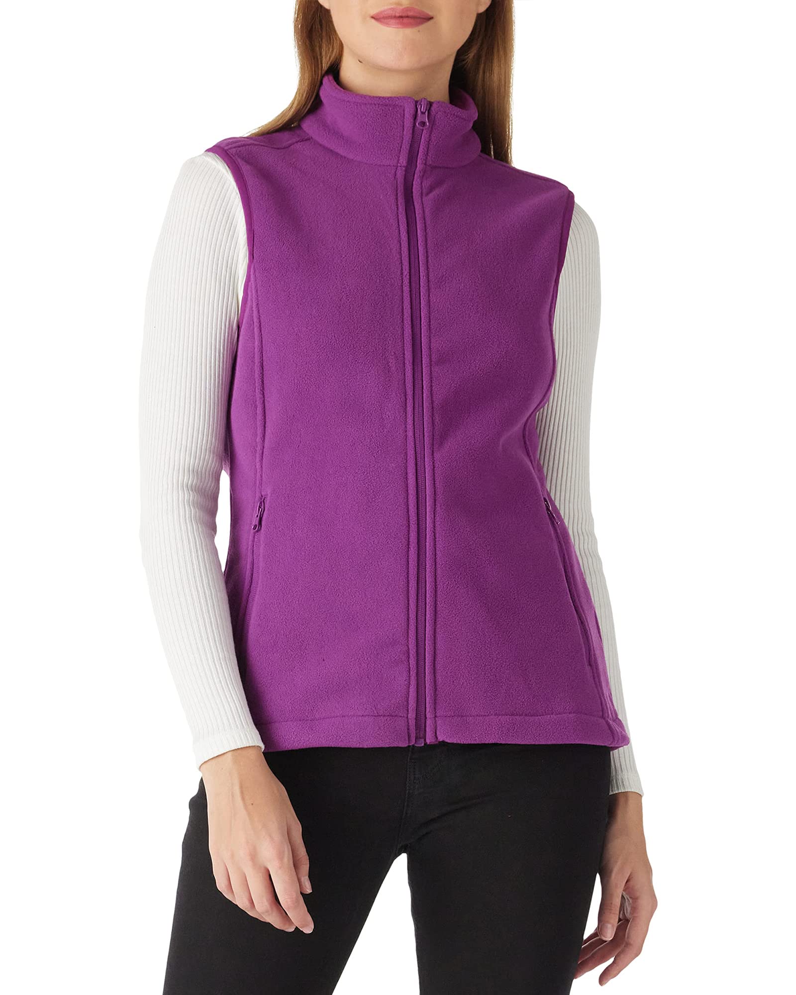 Outdoor Ventures Chaleco de forro polar para mujer, chaqueta suave sin mangas con bolsillos con cremallera, chaleco deportivo para correr de primavera y otoño, chaleco de forro polar para mujer