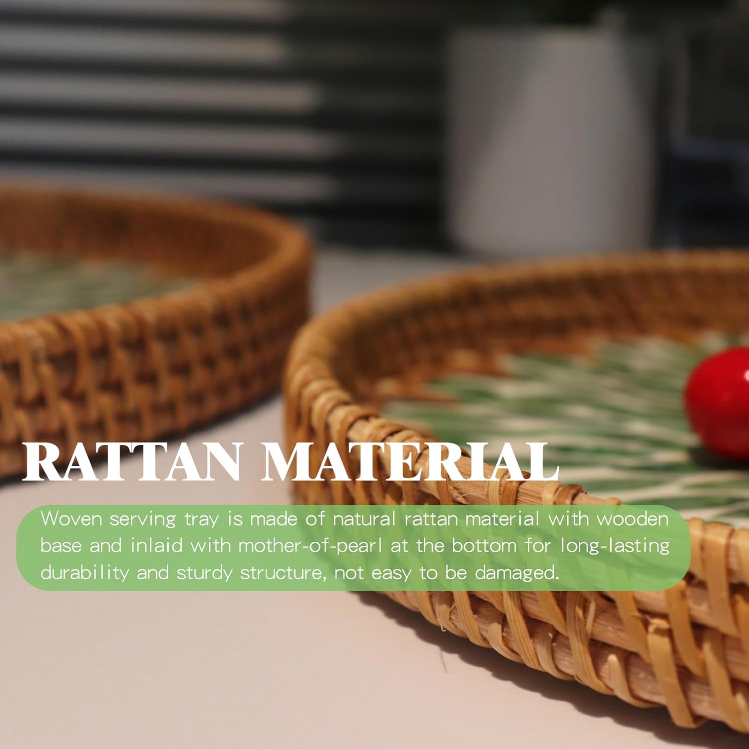 Round Rattan Serving Tray with Mother of Pearl Inlay, Handwoven Coffee Table Boho Decor Basket for Bread Fruit Food Kitchen Home Office 2 Pcs (Leaf Green)
