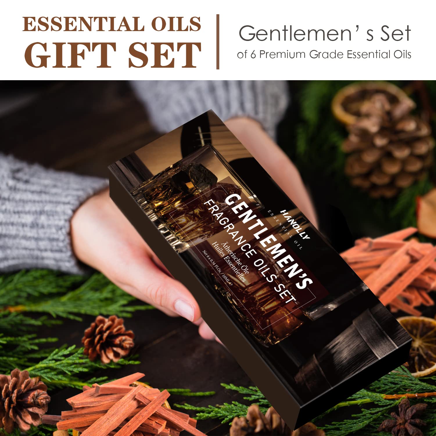 HANOLLY Oli Essenziali per Diffusori Uomini 6x10 ml, Olio Essenziale Naturali per Candele Fai da Te Aromaterapia Profumo Casa Massaggio, Legno Di Sandalo, Cedro, Tabacco Dolce, Rum, Colonia, Pelle