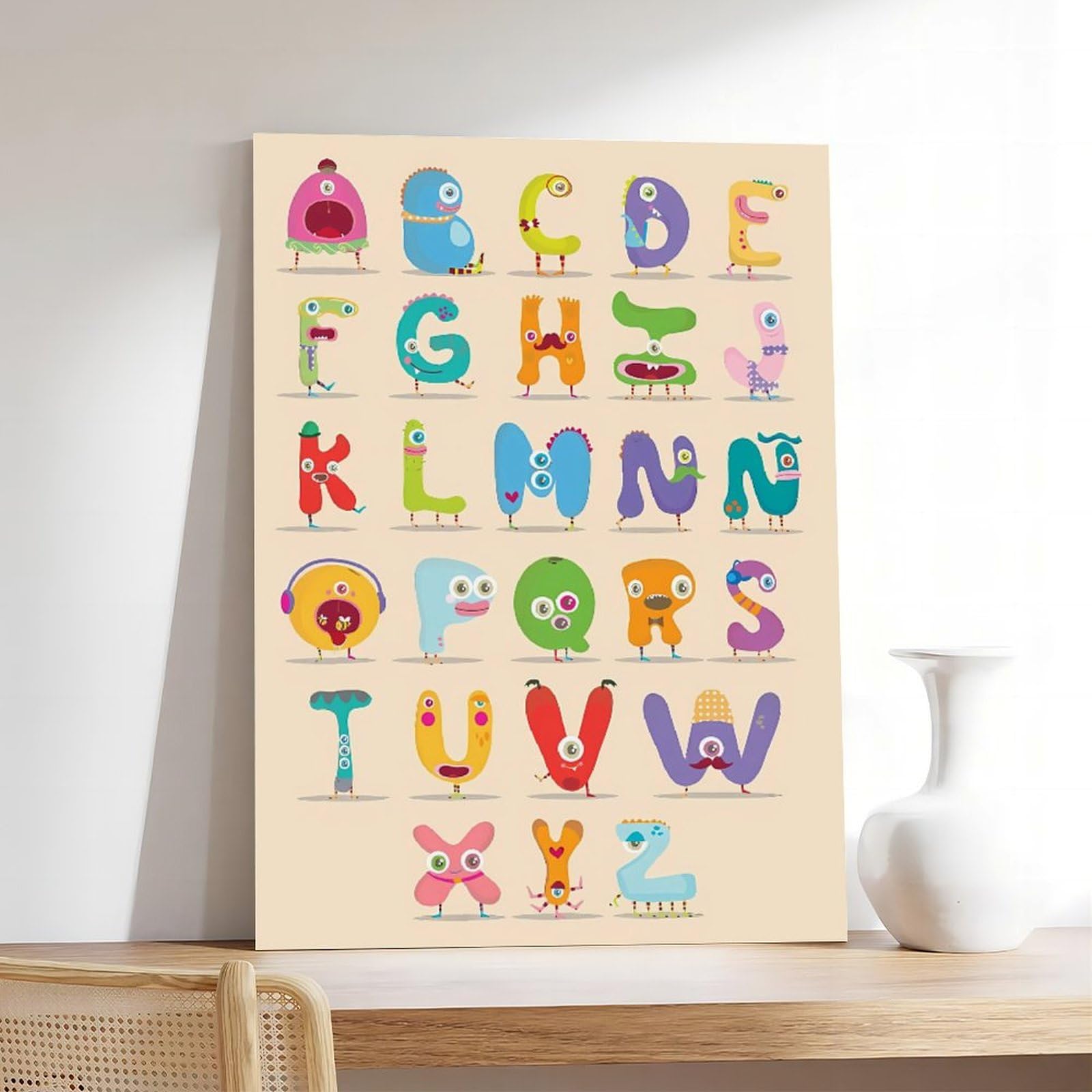 Poster éducatif sur toile représentant un petit monstre 24 lettres de l'alphabet pour enfants, décoration de chambre, bureau, chambre, cadeau, sans cadre : 60 x 90 cm