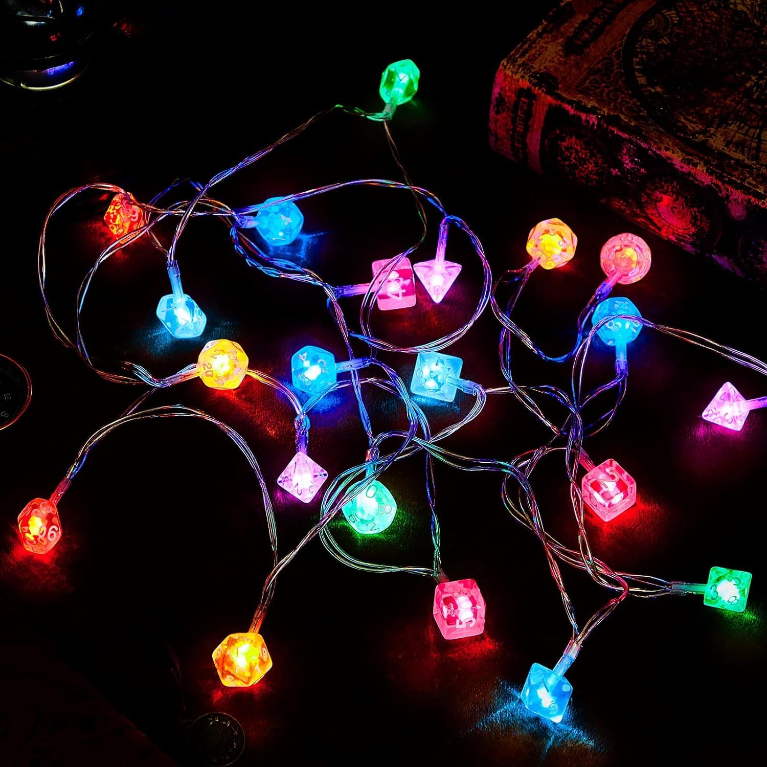 Wettarn 39 ft Polyhedral Dice String Lights LED Dice Lights Strands Extendable Glow in The Dark Party Decorations for Role Playing Game Bedroom Indoor