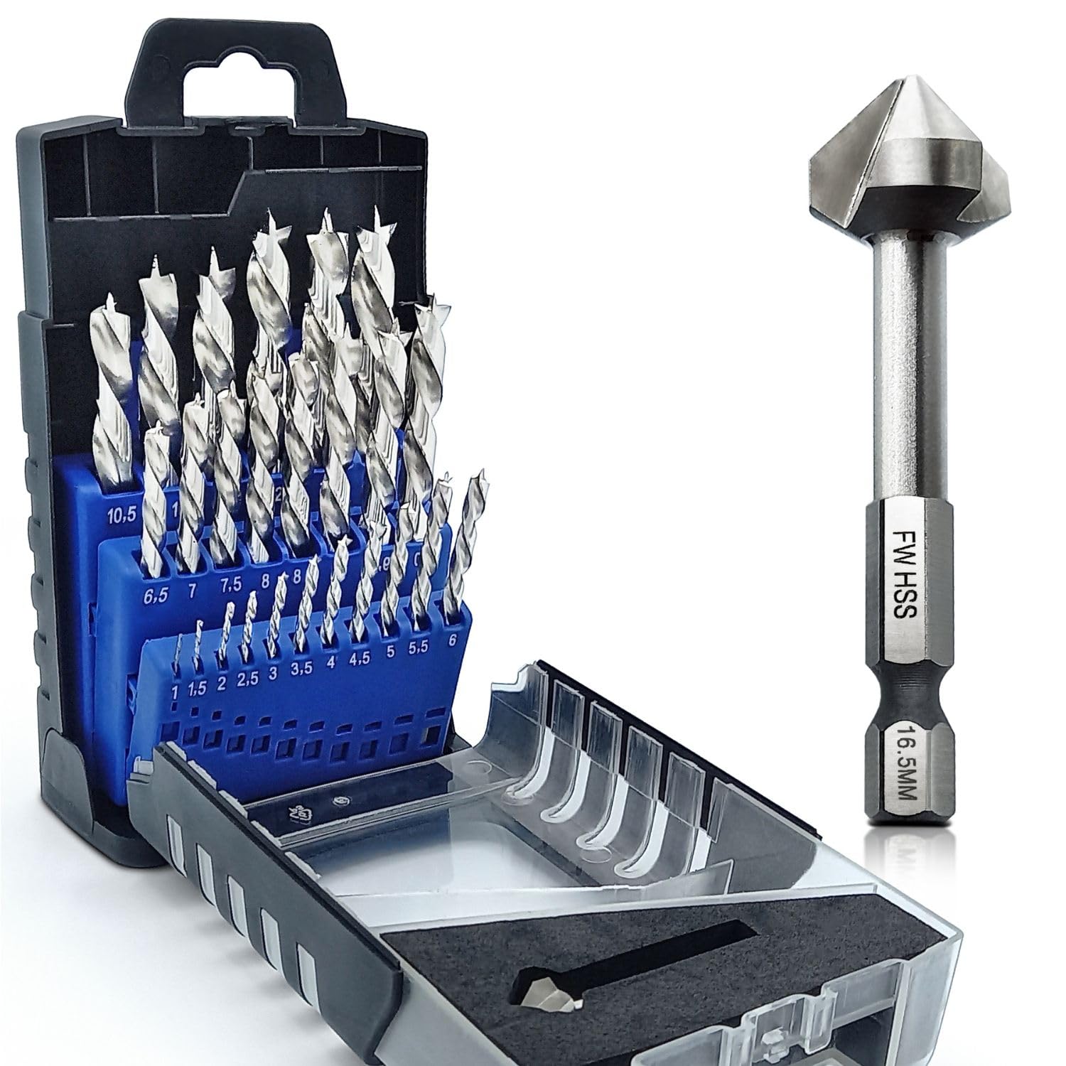Falkenwald Holzbohrer Set 1-13mm + Kegelsenker 26tlg. - HSS-G Bohrerset für präzise und saubere Bohrungen - Bohrer Set Holz - Bohraufsätze