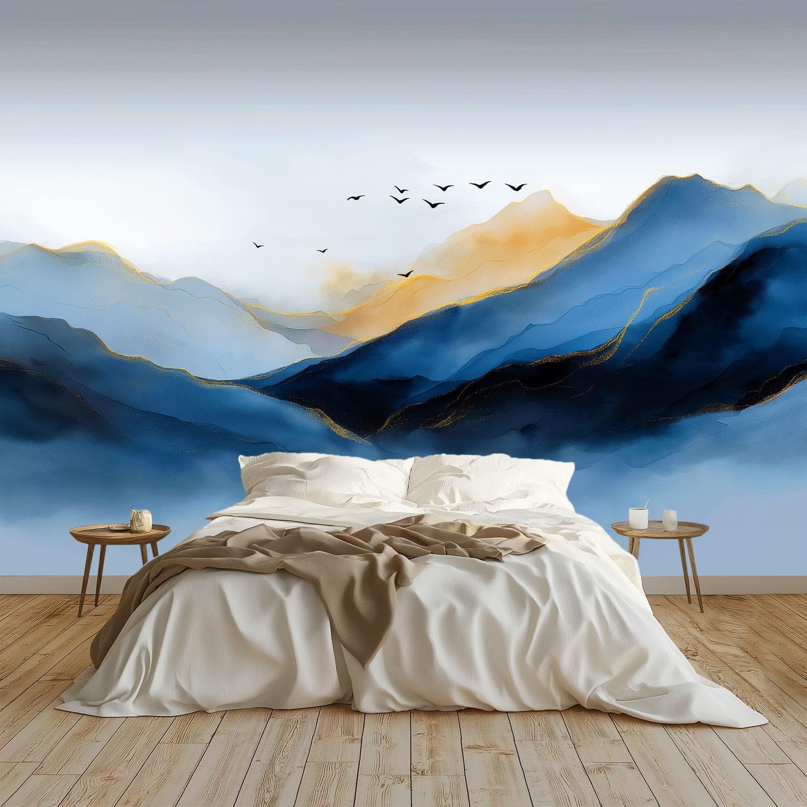 Papier peint intissé haut de gamme paysage de montagnes au design abstrait bleu