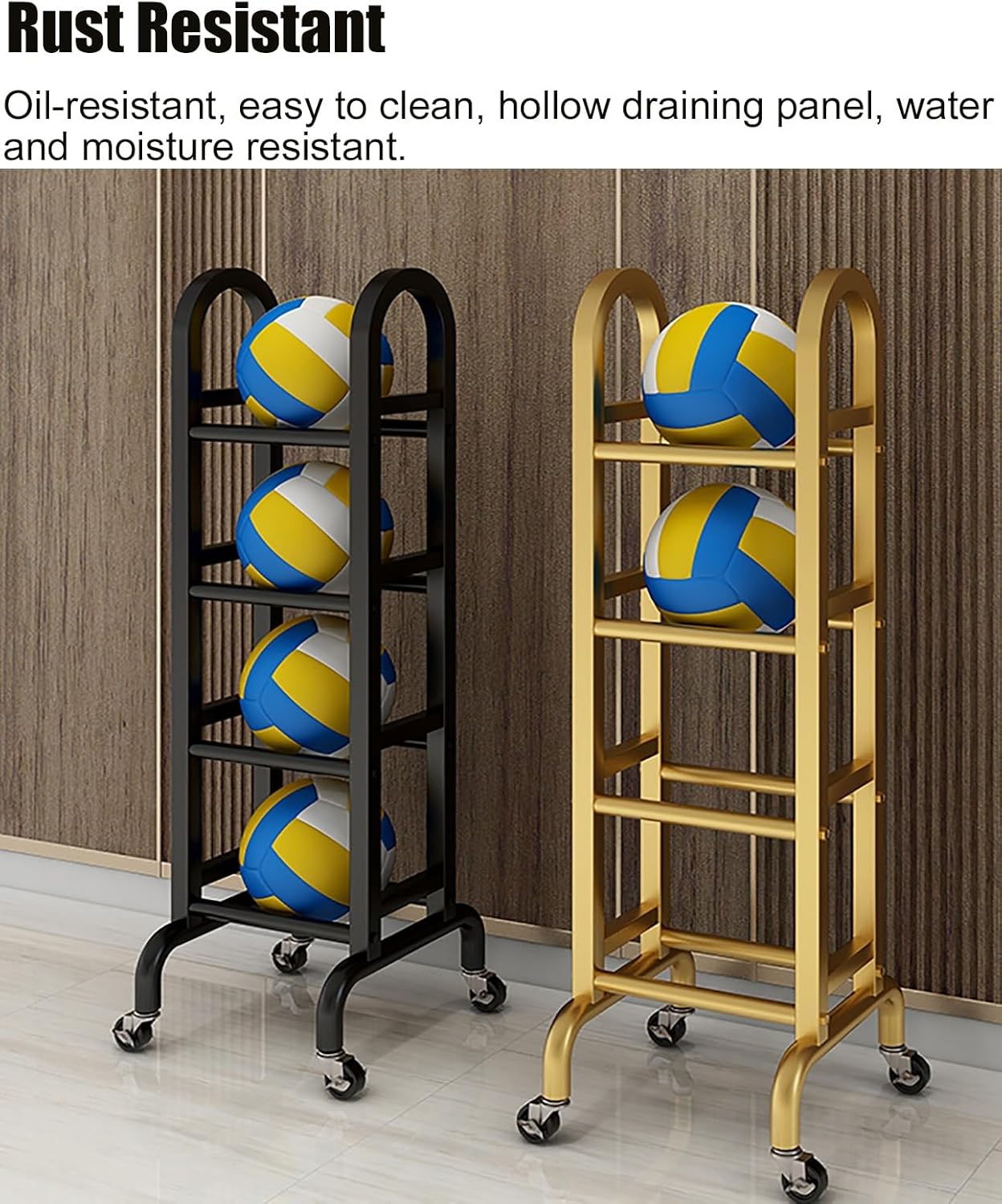 Gold Sports Ball Storage Rack - Floor-Standing Display Stand for Basketball, Volleyball, Baseball with Wheels - Organizer for Gym, School, Garage Equipment