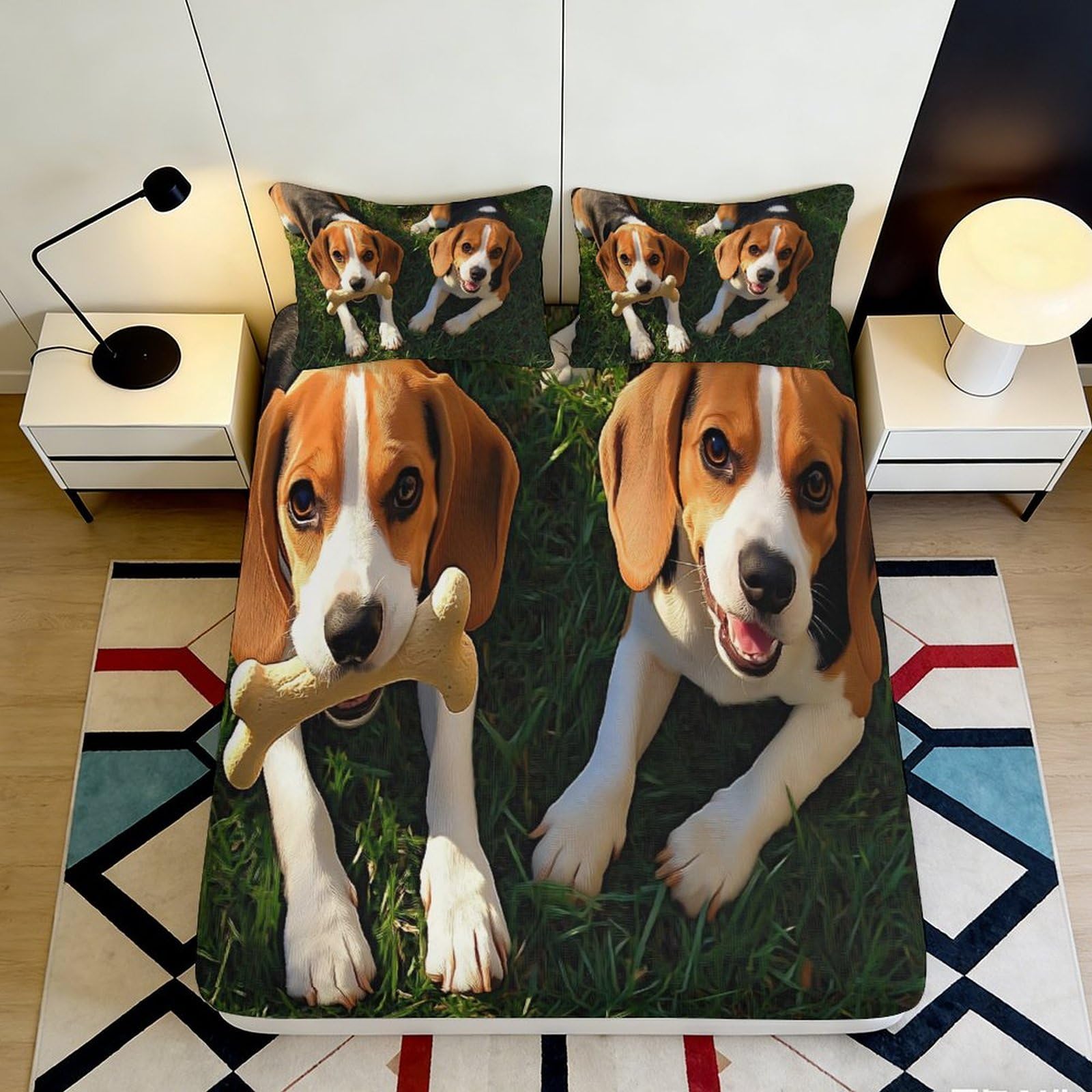 3D Printed Beagle Dog Fitted Sheet Microfiber Soft Breathable Puppy Bone Bed Sheet for Bedroom Dormitory Guest Room Mattress Protection Decor 120x200x25cm
