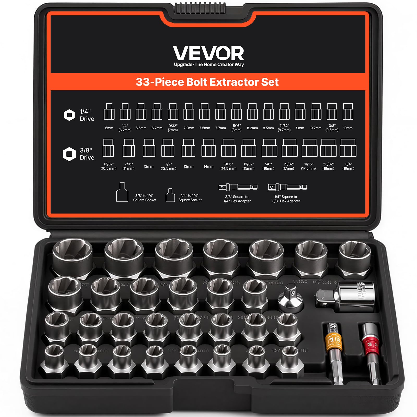VEVOR Extracteur de Boulons et Écrous 29PCs Extracteurs de Goujons 6 mm à 10 mm et 10,5 mm à 19 mm Outils de Retrait de Goujons Cassés en Acier CR-MO avec Étui pour Enlever les Boulons Cassés Atelier