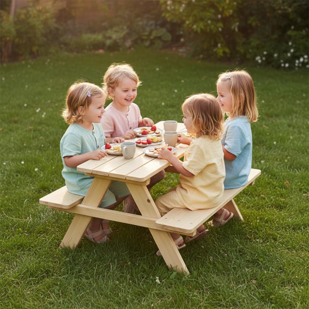 Bellabino Kindersitzgruppe für 4 Kinder – Kindertisch mit 2 Bänken – Picknicktisch aus Kiefer, unbehandelt – Gartenmöbel ab 2 Jahren