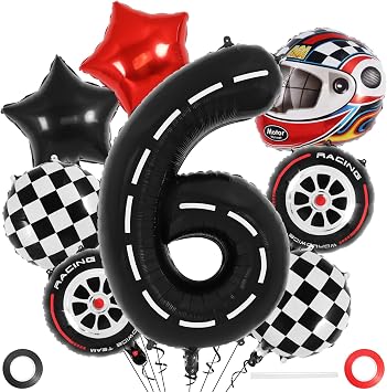 Race Car 6 Balloons, 40 Inch Racetrack Number 6 Balloon, Large Foil Mylar Racetrack Black 6 Balloon for 6 Year Old Birthday Race Car Themed Party Decoration