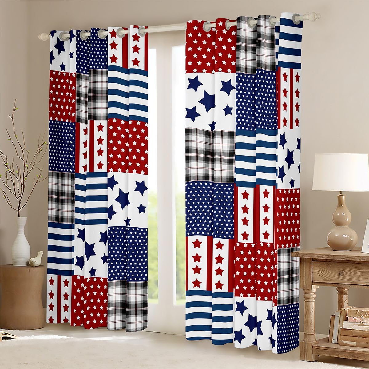 Lot de 2 rideaux de fenêtre patriotiques - Taille XXL - 260 x 140 cm - Étoiles et rayures - Imprimé patchwork - Rideaux occultants - Motif géométrique - Bleu marine - Pour adultes et enfants