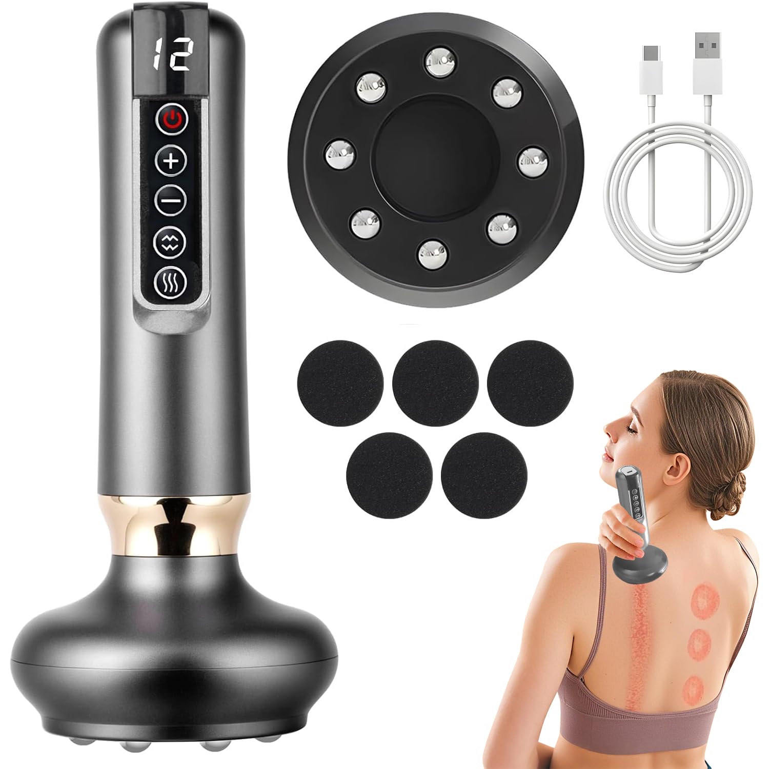 Appareil de Massage contre la Cellulite, 12 Vitesse Réglable, Appareil de Sculpture de la Cellulite pour le Corps, Ensemble de Thérapie de Suction Electrique Intelligent, Rechargeable & Sans Fil (B)