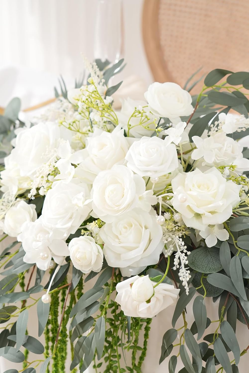 7.5FT White Sage Wedding Arch Flowers Garland, Rose &Eucalyptus, Artificial Spring Floral for Backdrop Mantle Decoration,Ceremony Party Sweetheart Head Table Reception Decor