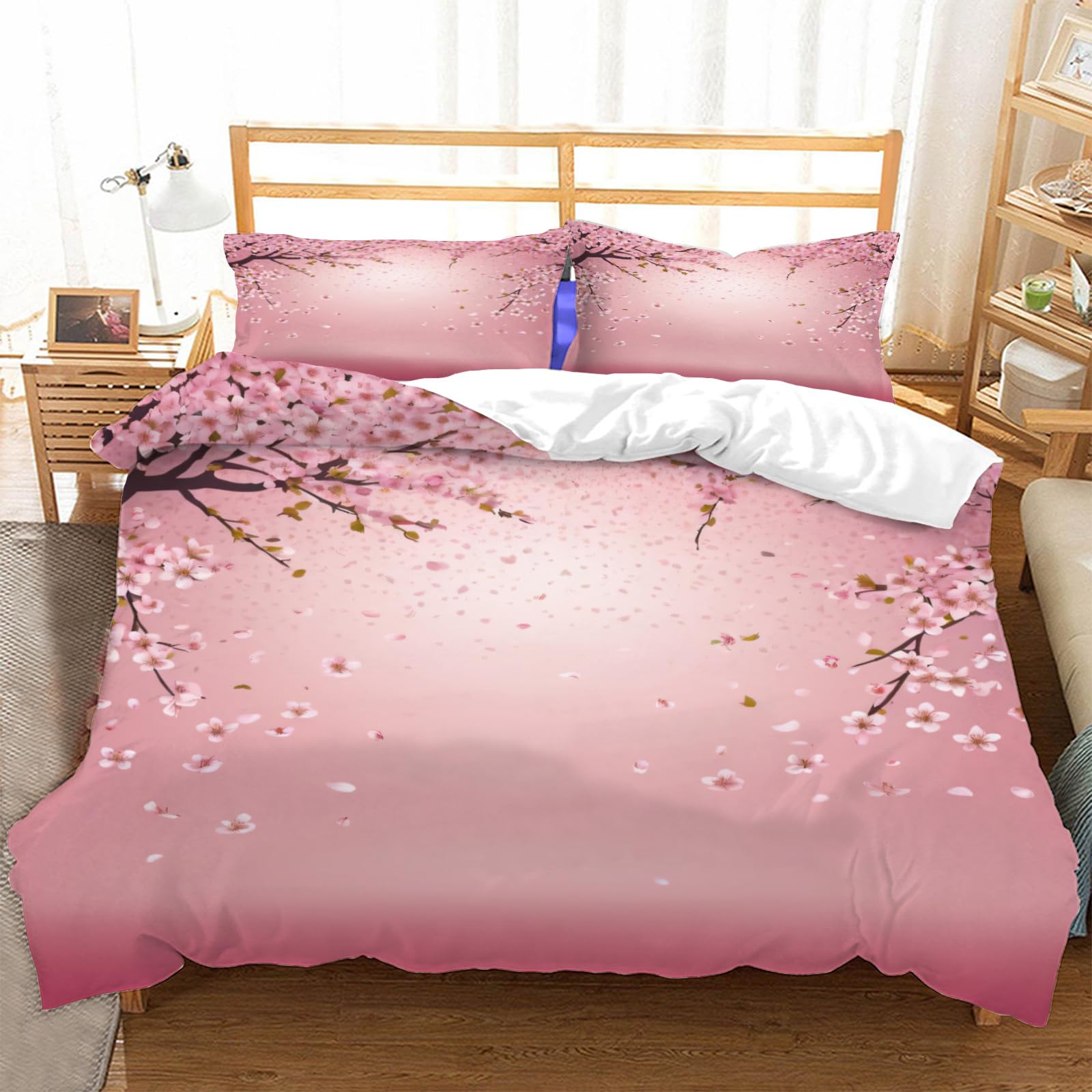 Housse de Couette 240x260 Cerisier Rose en Microfibre Douce à Fermeture Éclair