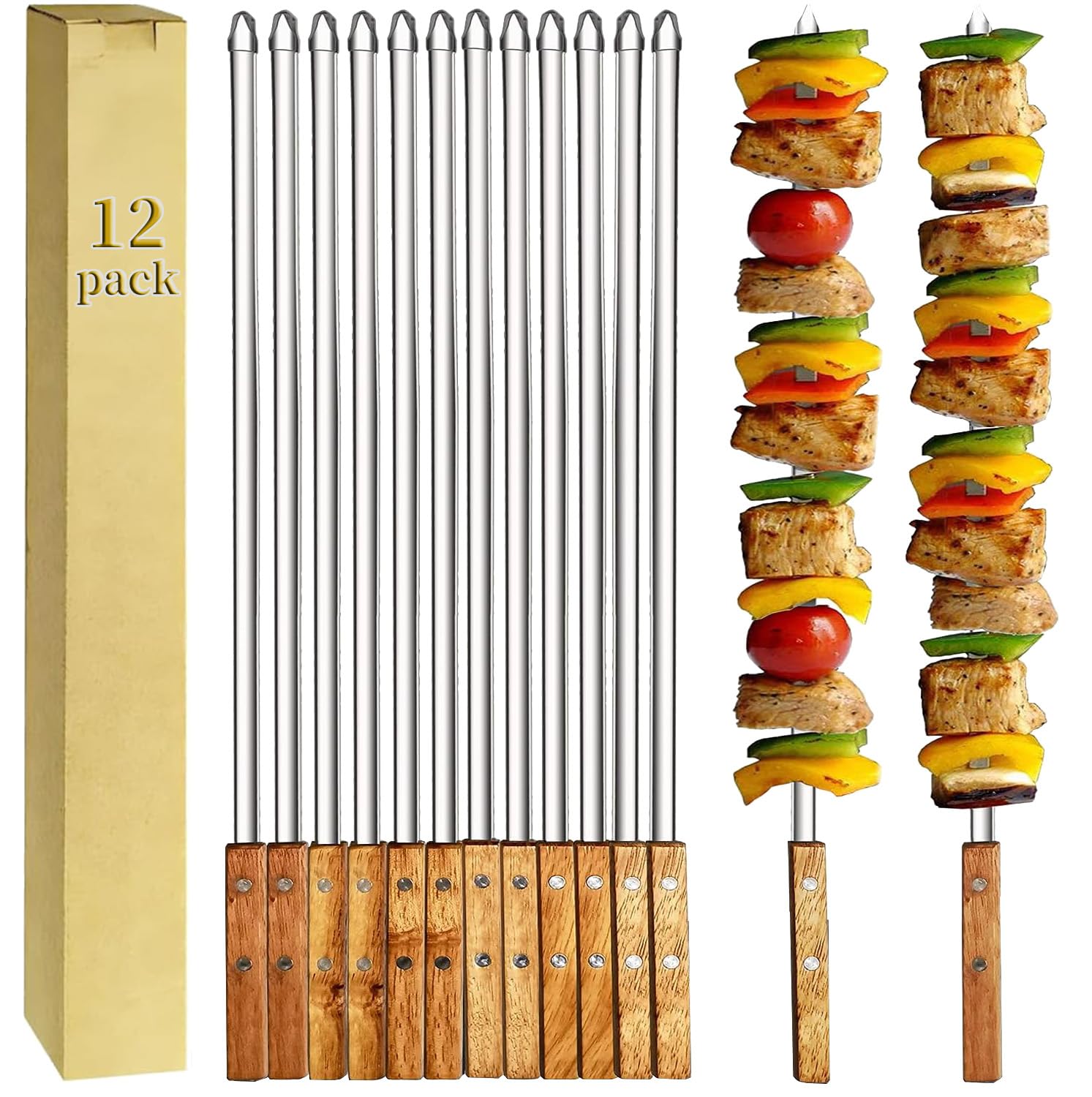 Confezione da 12 spiedini per kebab e barbecue, in acciaio inox, 50 cm, resistenti, grandi, riutilizzabili, con manico in legno antiscivolo, ideali per shish, kebab, pollo, gamberetti e verdure