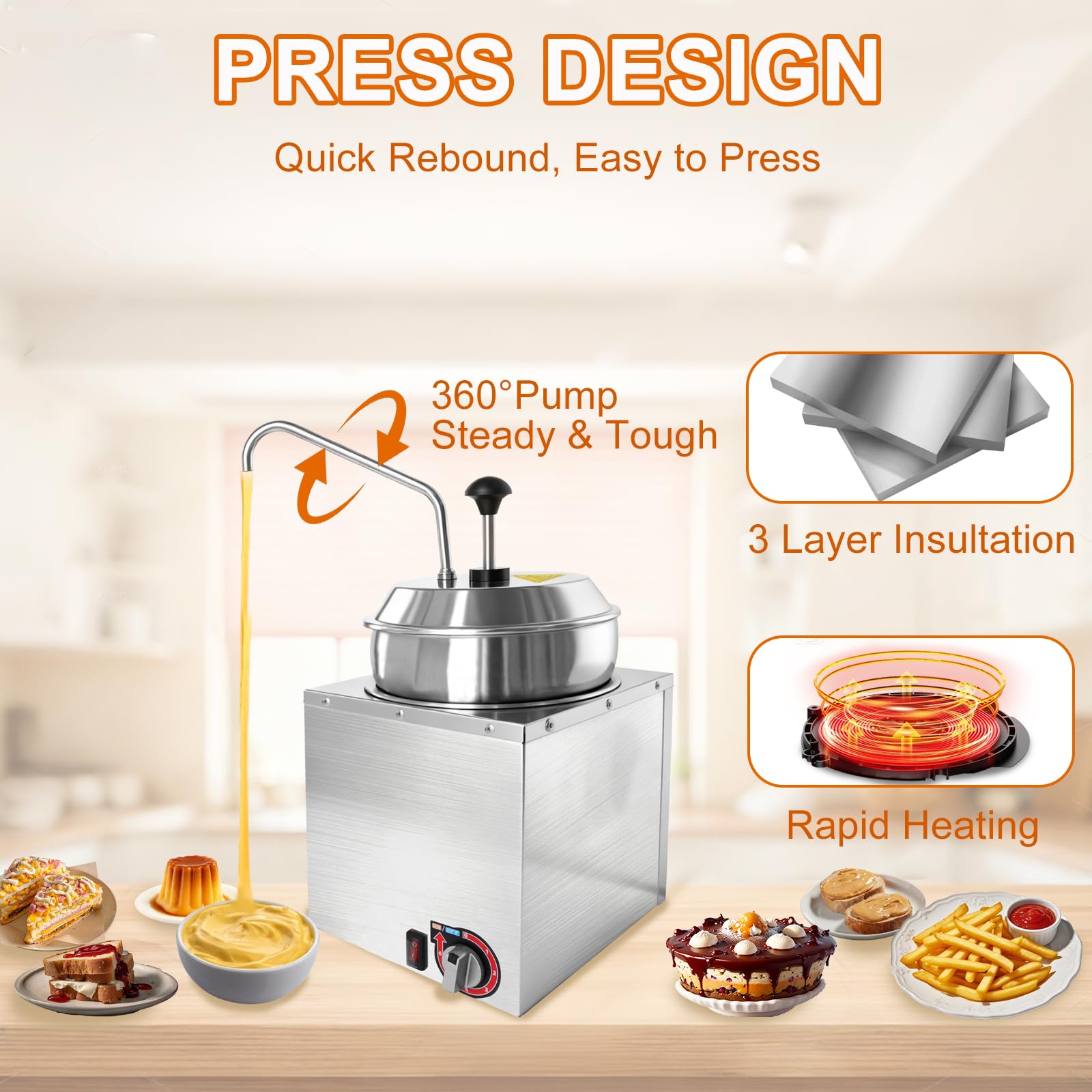Dispensador de queso nacho de 7.4 cuartos con bomba de acero inoxidable, calentador de queso nacho de ajuste de temperatura de 6 niveles, dispensador de salsa comercial para mantequilla, caramelo y