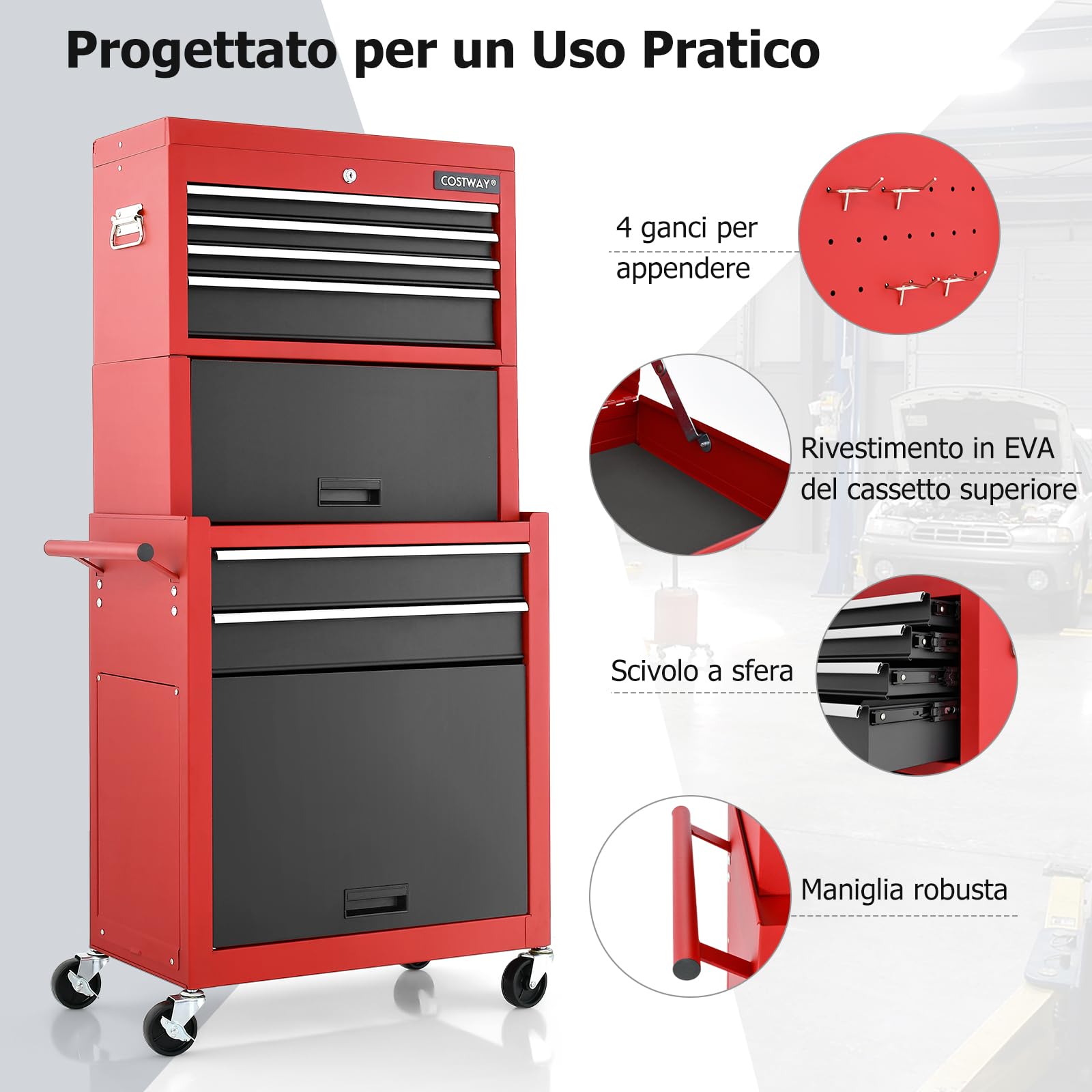 GYMAX Carrello Portautensili da Officina, Design 2 in 1 con Rotelle, Carrello con 6 Cassetti, Porte Scorrevoli e Serratura di Sicurezza, 61,5 x 33 x 132 cm (nero+rosso)