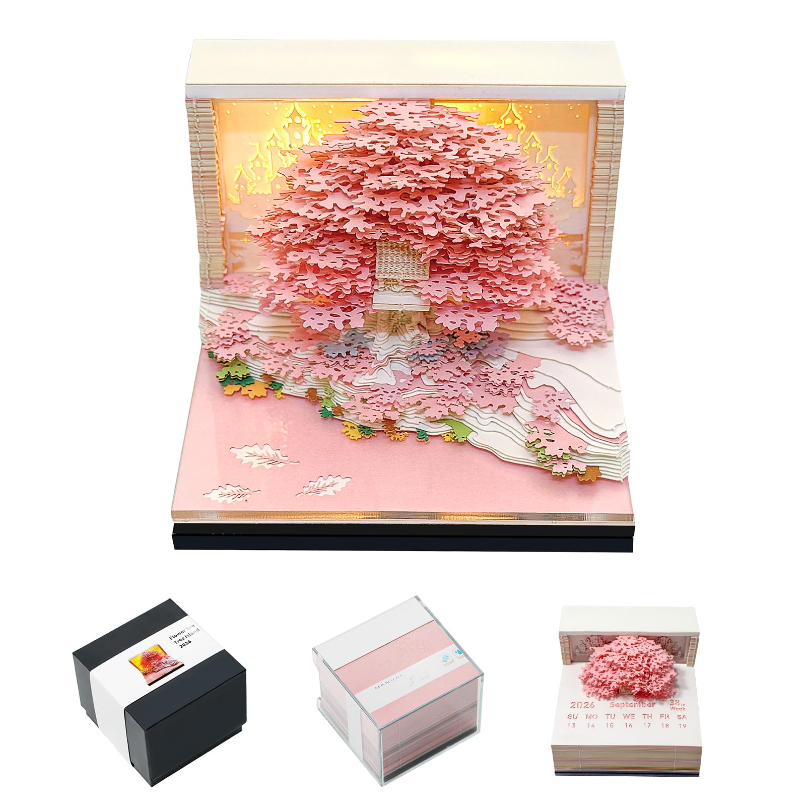3D Calendar 2026, Desk Calendar With LED Light, 3d Tree Memo Pad Creative Desk Calendar, Christmas Gift for Colleague Friend, Desktop Decoration