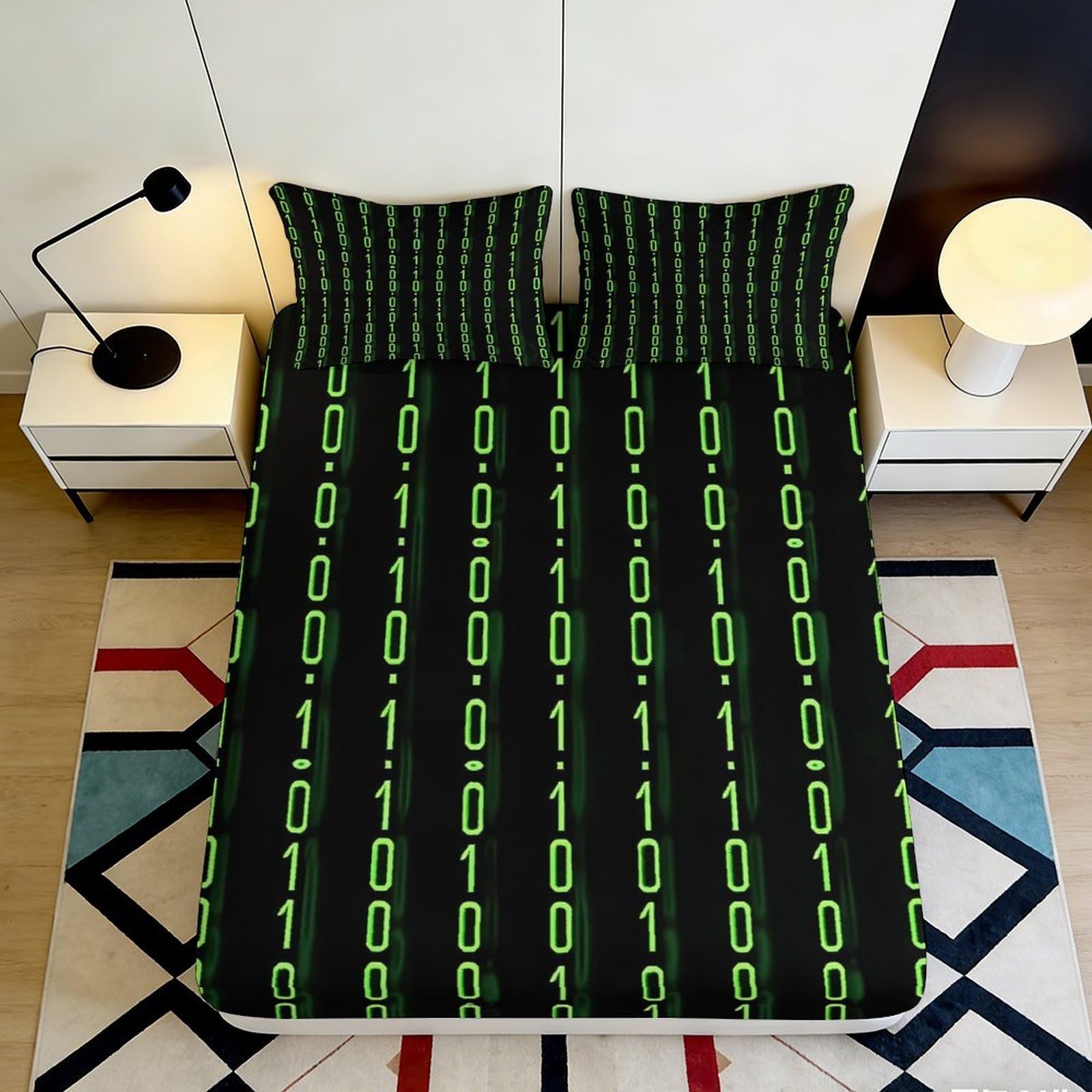 3D Printed Matrix Code Fitted Sheet Microfiber Soft Black Green Binary Bed Cover for Bedroom Dorm Decoration 90x200x25cm
