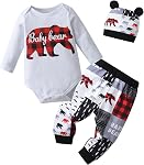 Boys Newborn Baby Bear Print Romper Pants Hat 3PCS Outfit Set