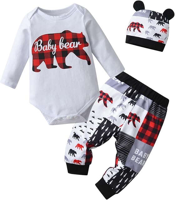 Boys Newborn Baby Bear Print Romper Pants Hat 3PCS Outfit Set