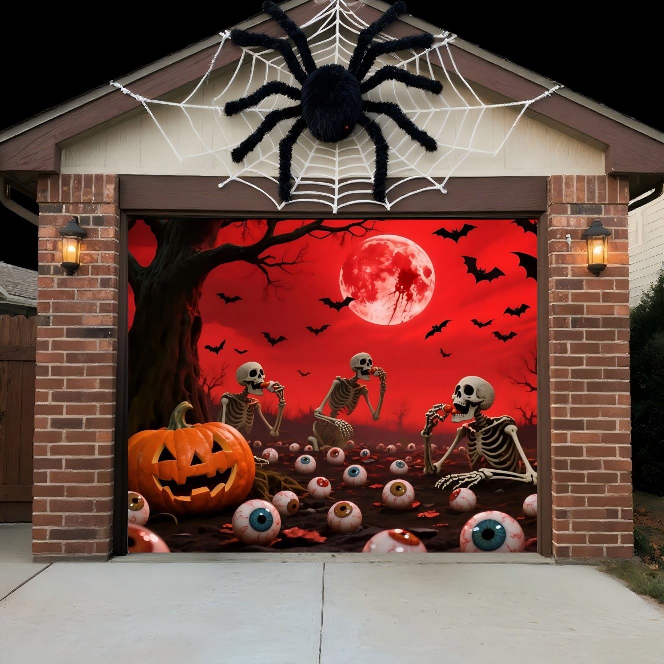 7 × 8 Ft Halloween Garage Banner, Small Door Cover for Single Garage Door, Giant Blood Moon with Red Sky Design, Horror Scene, for Yard, Fence, Halloween Party