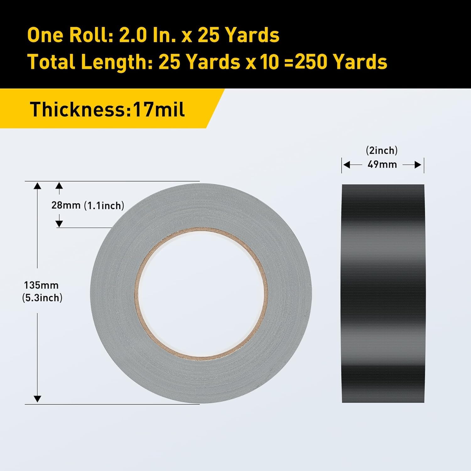 Lichamp Cinta adhesiva negra resistente al agua, 10 unidades, paquete múltiple, 2 pulgadas x 25 yardas x 17 mil por rollo, B210BK