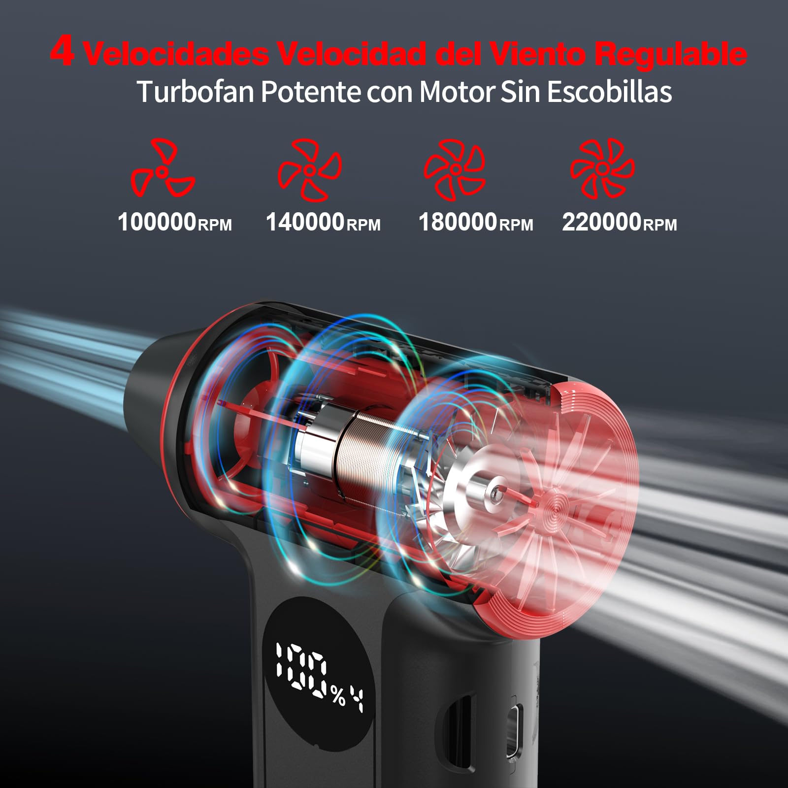 FNNEMGE Soplador de Polvo Eléctrico con 220000 RPM, 12000mAh Soplador Aire Comprimido Ajustable de 4 Velocidades, Carga Rápida, con Luz LED. Adecuada en Oficina, Coche, Exterior y Casa