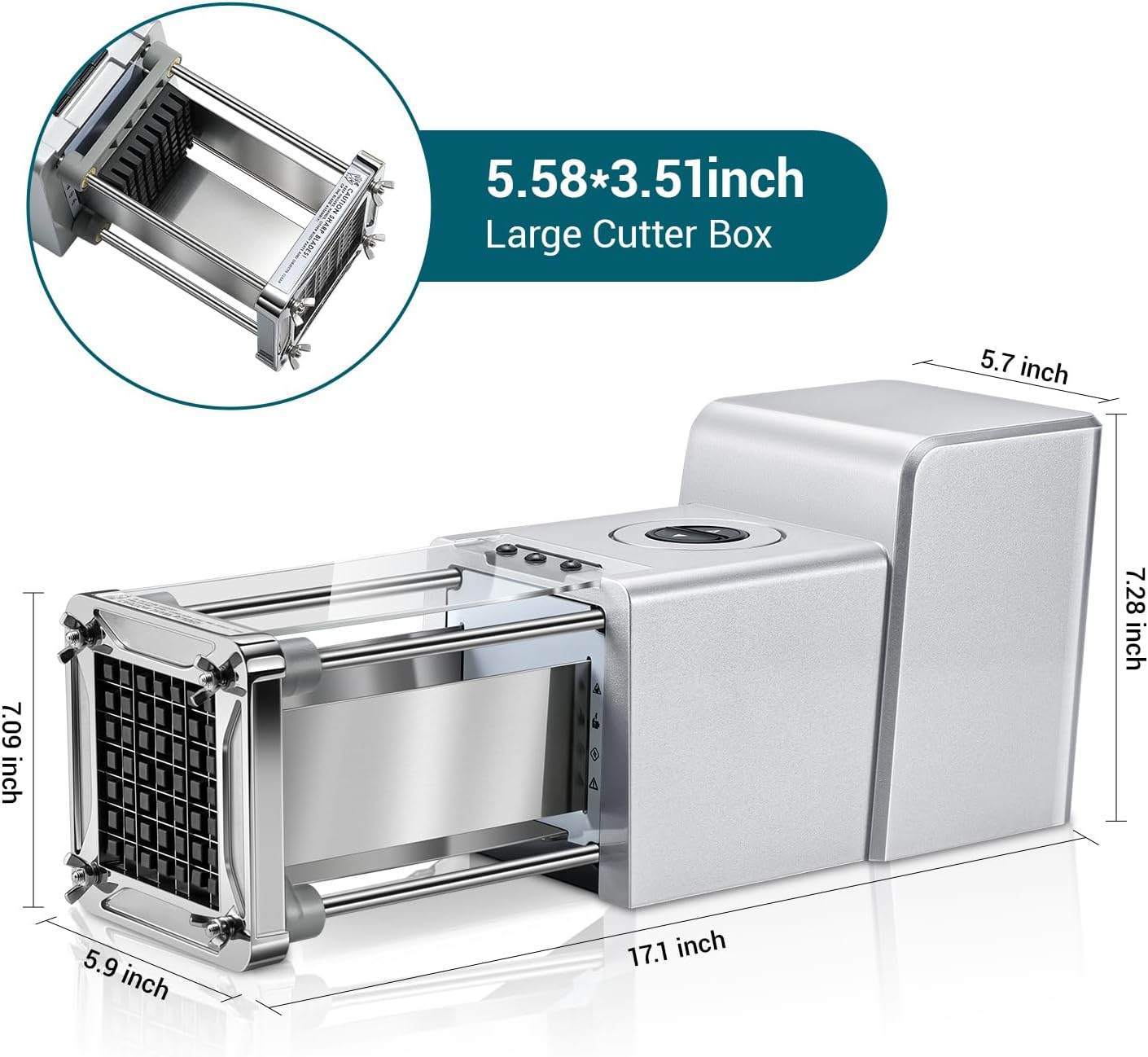 Diagram showing the dimensions of the Sopito Electric French Fry Cutter, including overall length, width, height, and the size of the large cutter box.