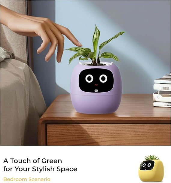 PLANTSIO Smart pet Planter Robot Guidance on Plant Care with Emojis, Adorable Plant Companion with Rich Gesture Interaction, Neat Desk Setup Gift (Lilac)
