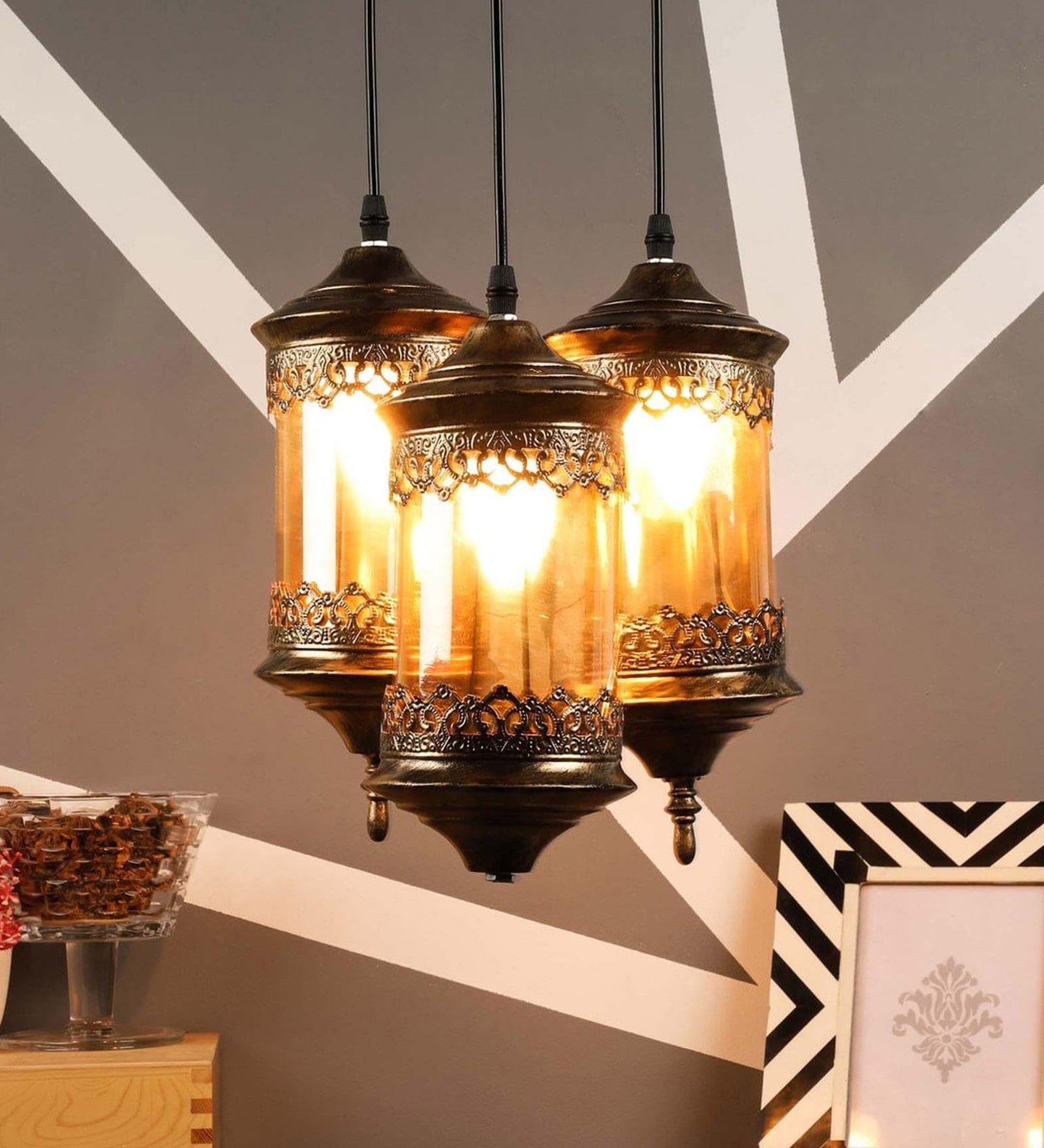 WHITERAY 3 * 40W Metal Minar Shape Ceiling Pendant Hanging Chandelier Light, Golden Antique for Bedroom, Living Room, Café, Restaurant, Hallway, Kitchen, Over The Dining (with Bulb)-image-25
