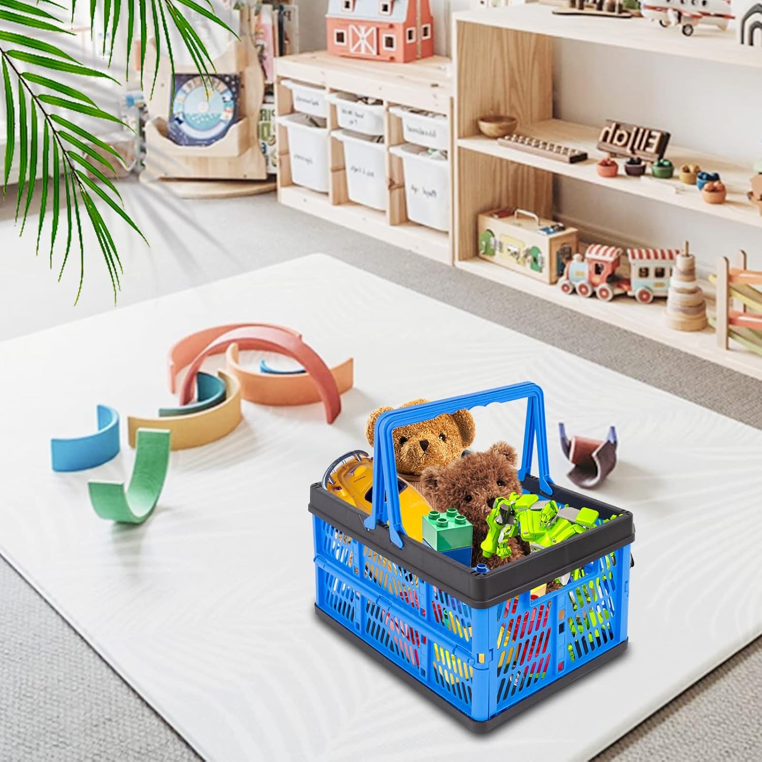 3 Packs 20L Collapsible Plastic Shopping Basket with Handles - Plastic Collapsible Storage Bins, Multi-function Collapsible Storage Crates Black & Blue