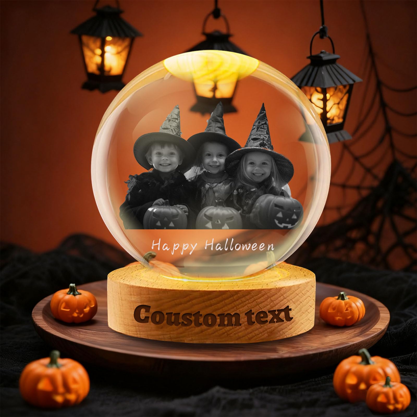 Personalized 3D Photo Snow Globe, Customized Glowing Crystal Ball with Engraved Text LED Light Base, Christmas Photo Snow Ball Gifts for Parents Family Friend (Halloween Photo Crystal Ball)